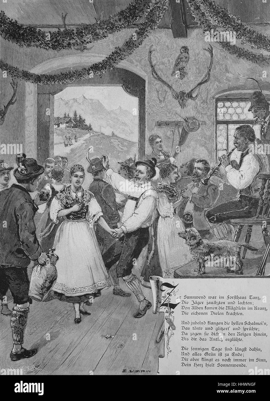 Sonnenwende, musica e danza, disegno originale da Limmer, Germania, immagine storica o illustrazione, pubblicato 1890, digitale migliorata Foto Stock