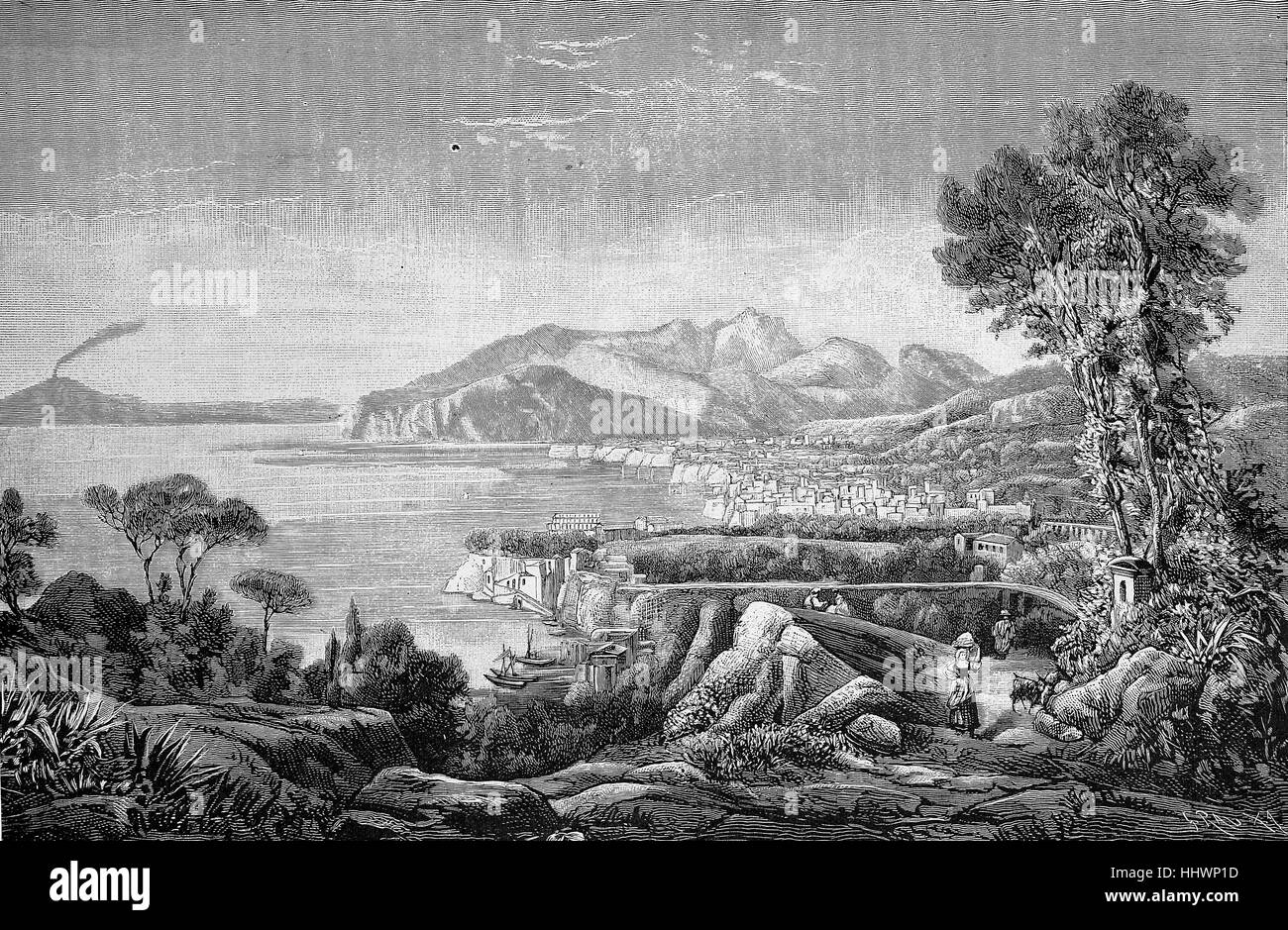 Vista della città di Sorrento sul golfo di Napoli, Italia, immagine storica o illustrazione, pubblicato 1890, digitale migliorata Foto Stock