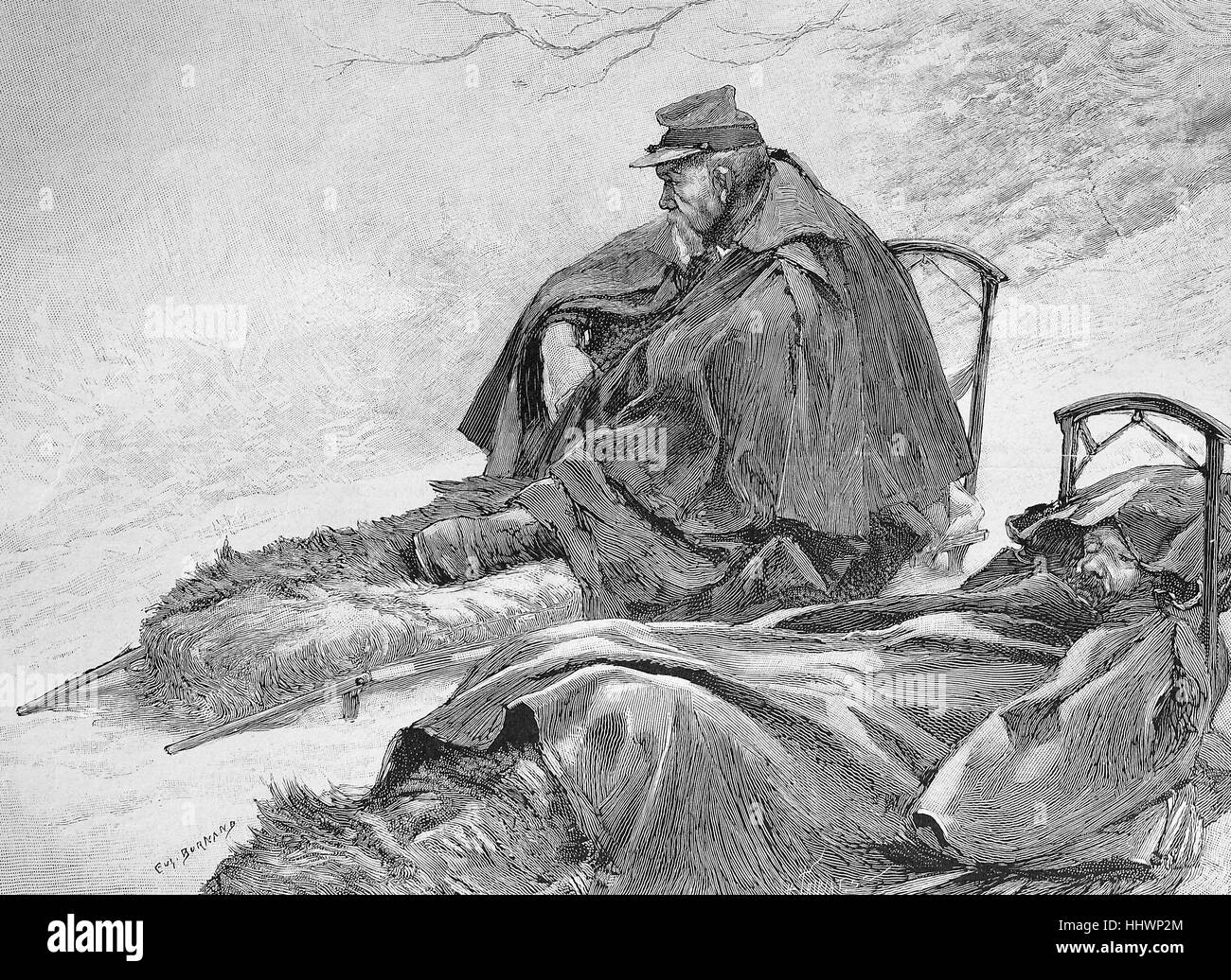 Dogana francese guardia al servizio notturno in inverno in campagna, Francia, immagine storica o illustrazione, pubblicato 1890, digitale migliorata Foto Stock