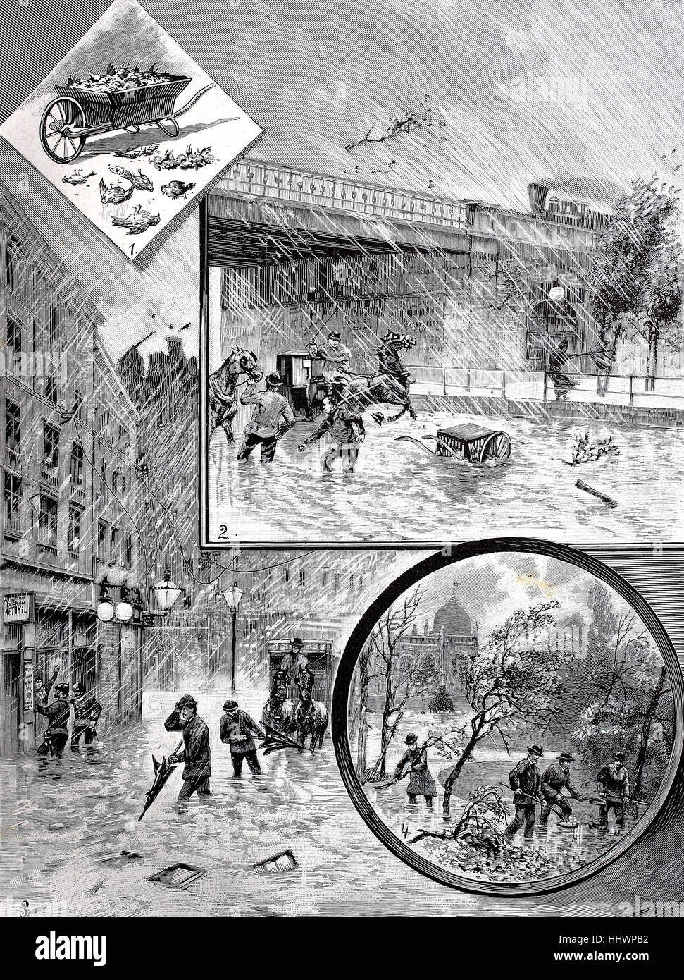 La catastrofe meteo, inondazioni, tempeste di Vienna, il disegno originale di M. Ledeli, Austria, immagine storica o illustrazione, pubblicato 1890, digitale migliorata Foto Stock