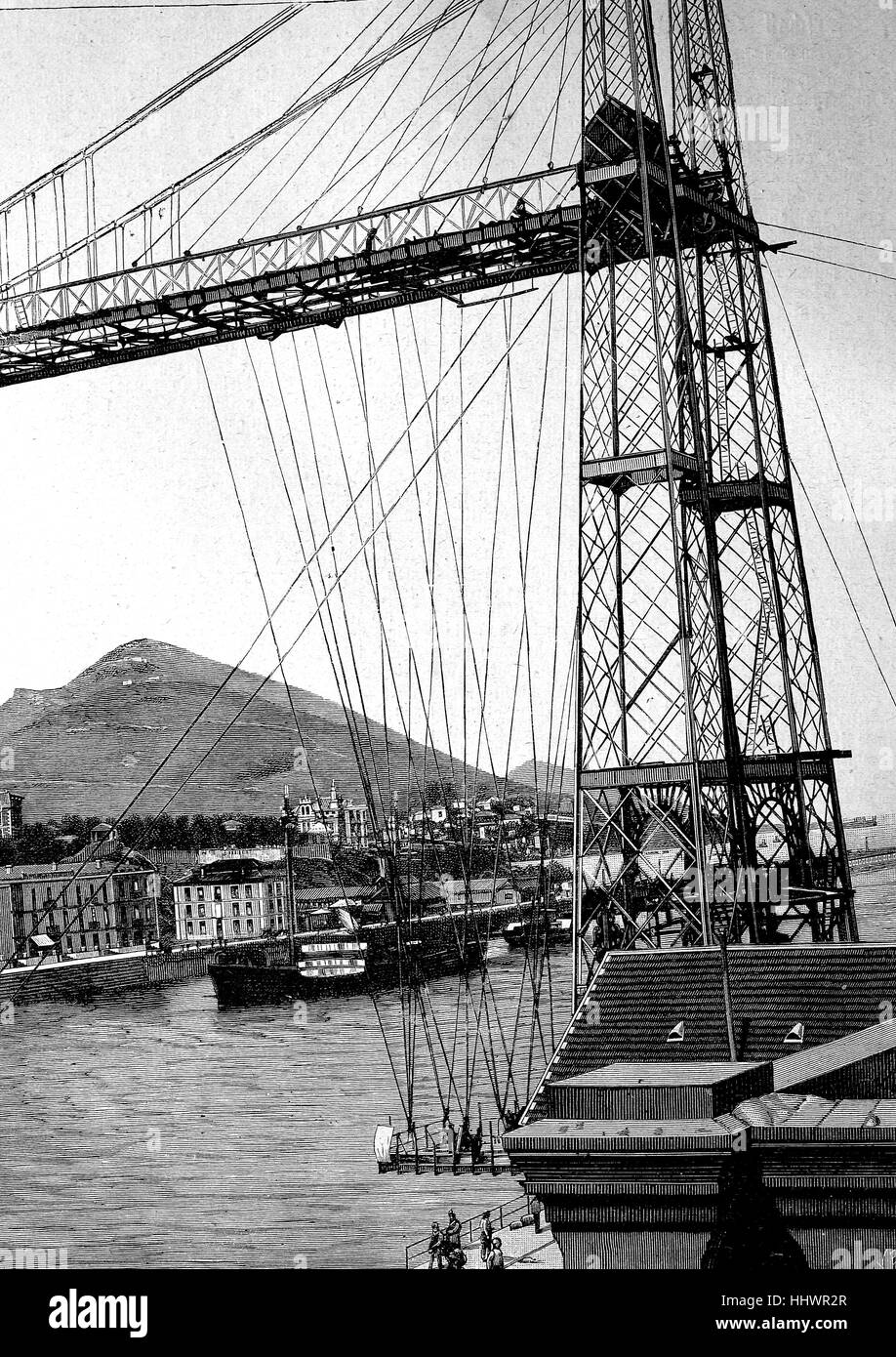 Il golfo di Guascogna Bridge, Puente de Portugalete, ma in Spagna è conosciuto soprattutto come Puente Colgante, ponte sospeso. Non si tratta di un ponte di sospensione in senso tecnico, ma una sospensione del traghetto, un alto ponte con annesso Haengebarke, il traghetto fu inaugurato nel 1893, immagine storica o illustrazione, pubblicato 1890, digitale migliorata Foto Stock
