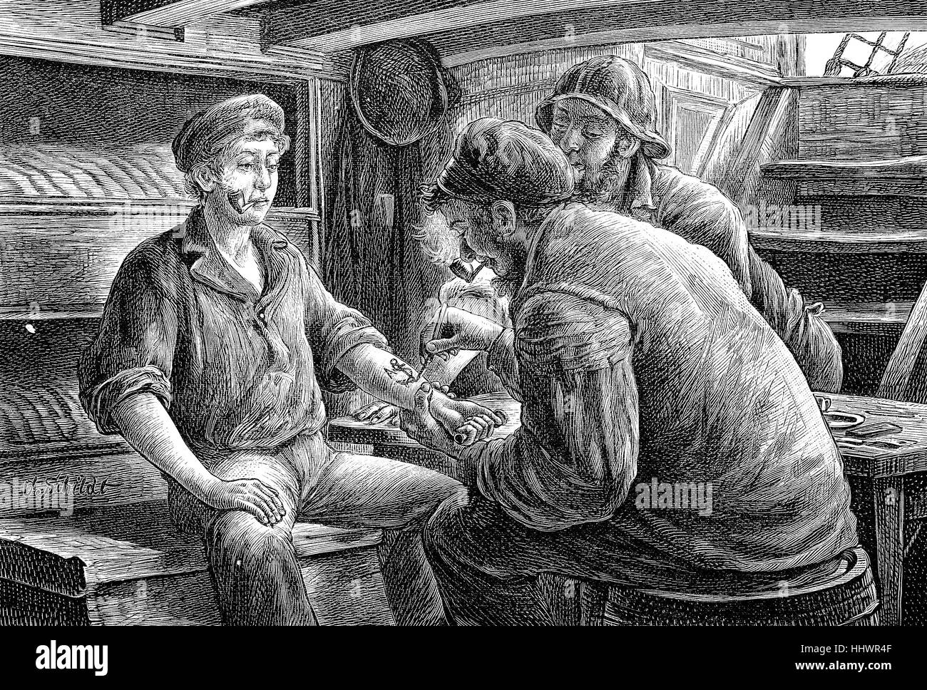 Tatuaggio un ragazzo sailor, disegni originali di Schildt, Germania, immagine storica o illustrazione, pubblicato 1890, digitale migliorata Foto Stock