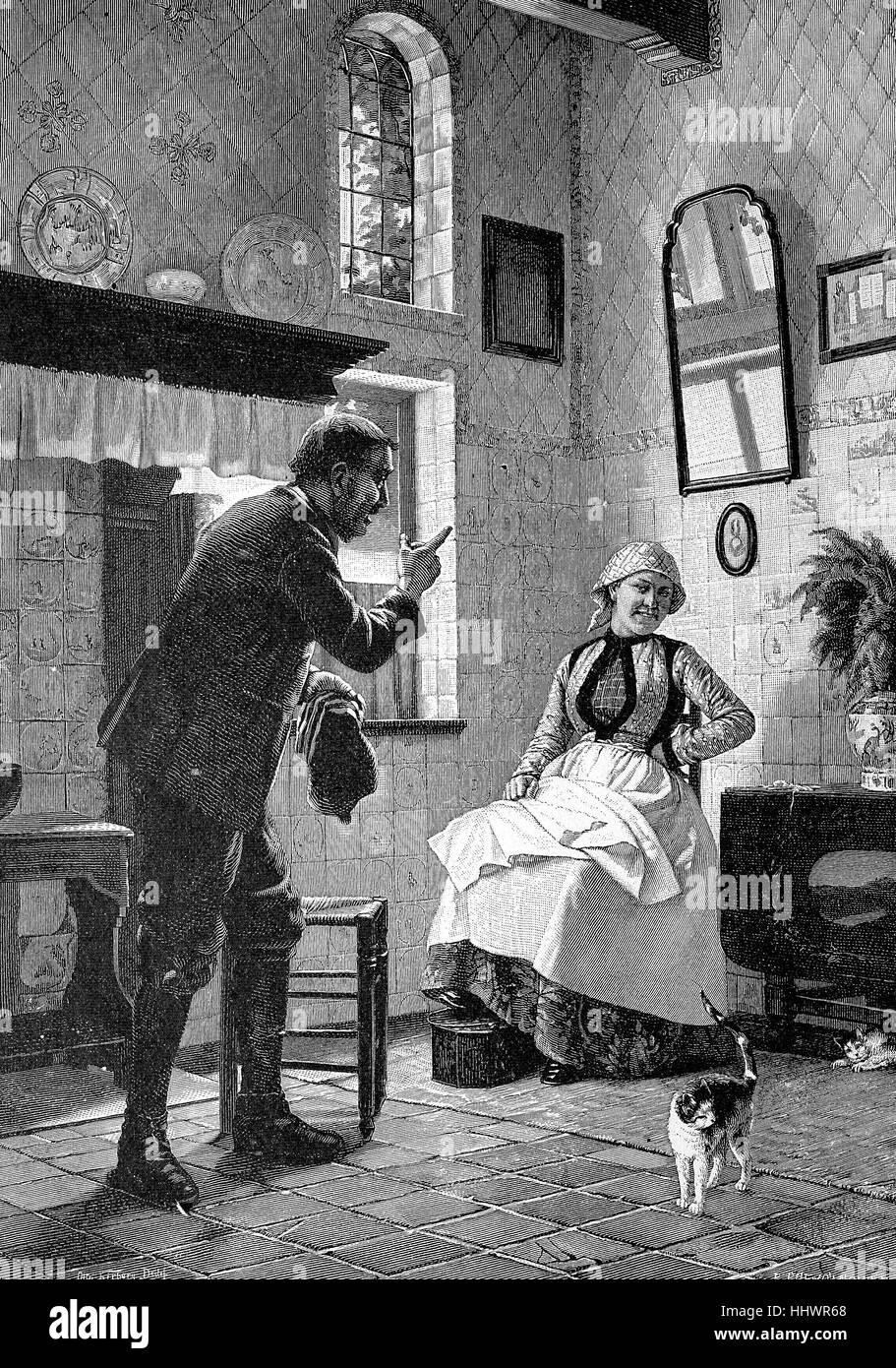 L'eloquente corteggiatore, un uomo che promette il matrimonio con una donna, Der beredte Freier, Germania, immagine storica o illustrazione, pubblicato 1890, digitale migliorata Foto Stock
