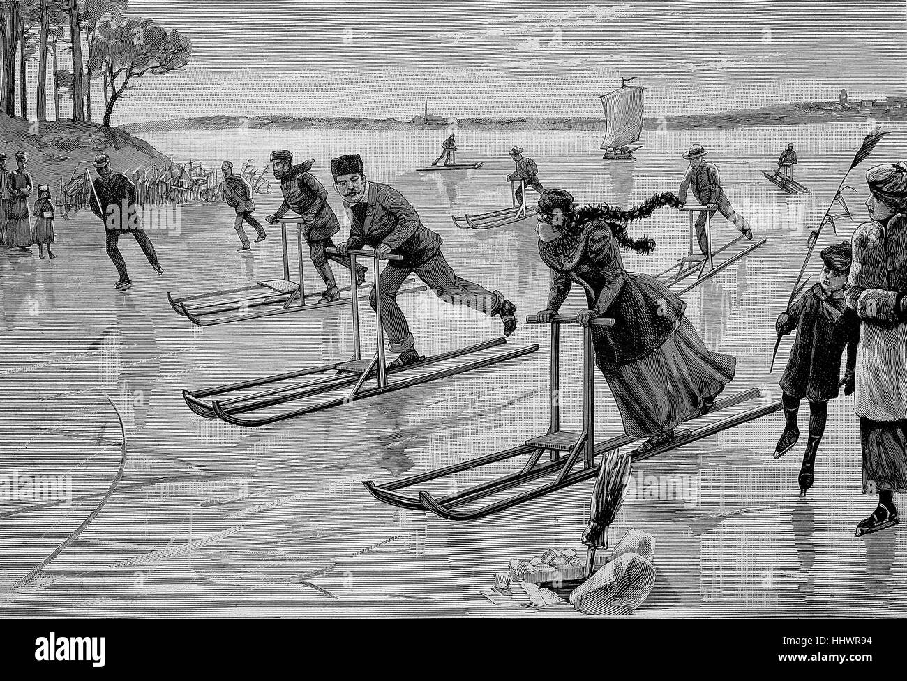 Gara con il, Rennwolf, ice-sled sulla congelati Wannsee vicino a Potsdam, Germania, immagine storica o illustrazione, pubblicato 1890, digitale migliorata Foto Stock