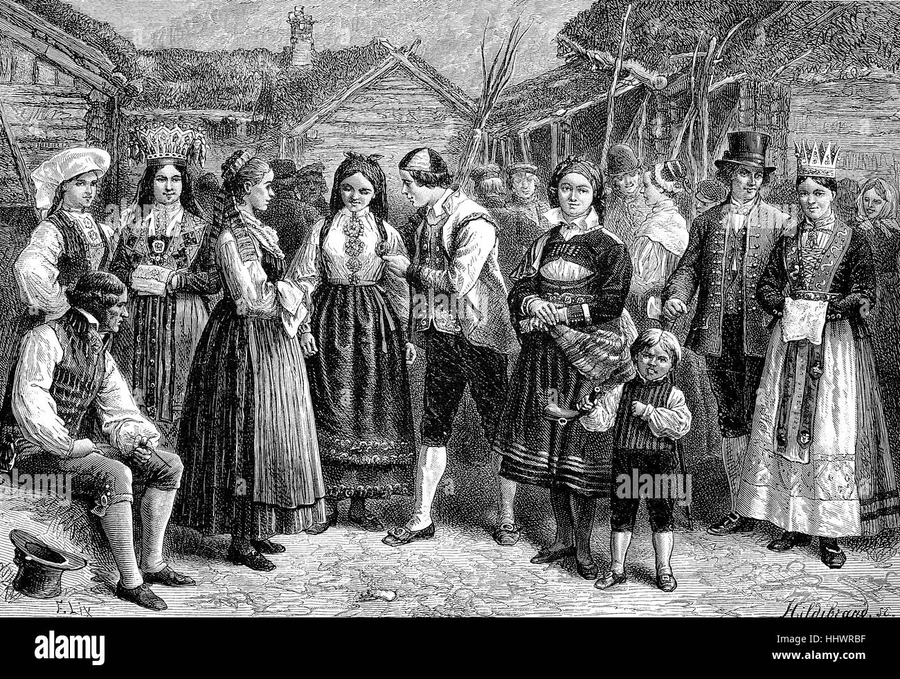 Un gruppo in norvegese costumi folcloristici, Norvegia, immagine storica o illustrazione, pubblicato 1890, digitale migliorata Foto Stock