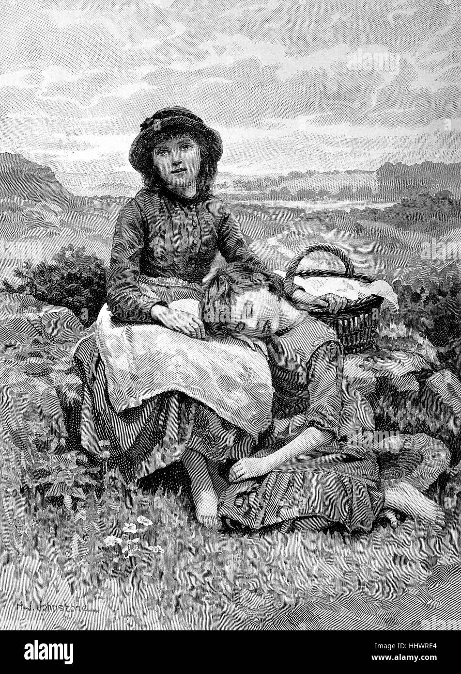 Resto sulla montagna, due ragazze in appoggio, sono stanchi di esecuzione, Germania, immagine storica o illustrazione, pubblicato 1890, digitale migliorata Foto Stock