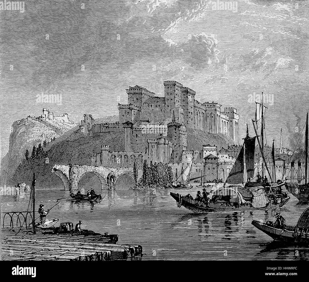 Vista della città di Avignone e sul fiume Rodano in Provenza nel sud della Francia, immagine storica o illustrazione, pubblicato 1890, digitale migliorata Foto Stock