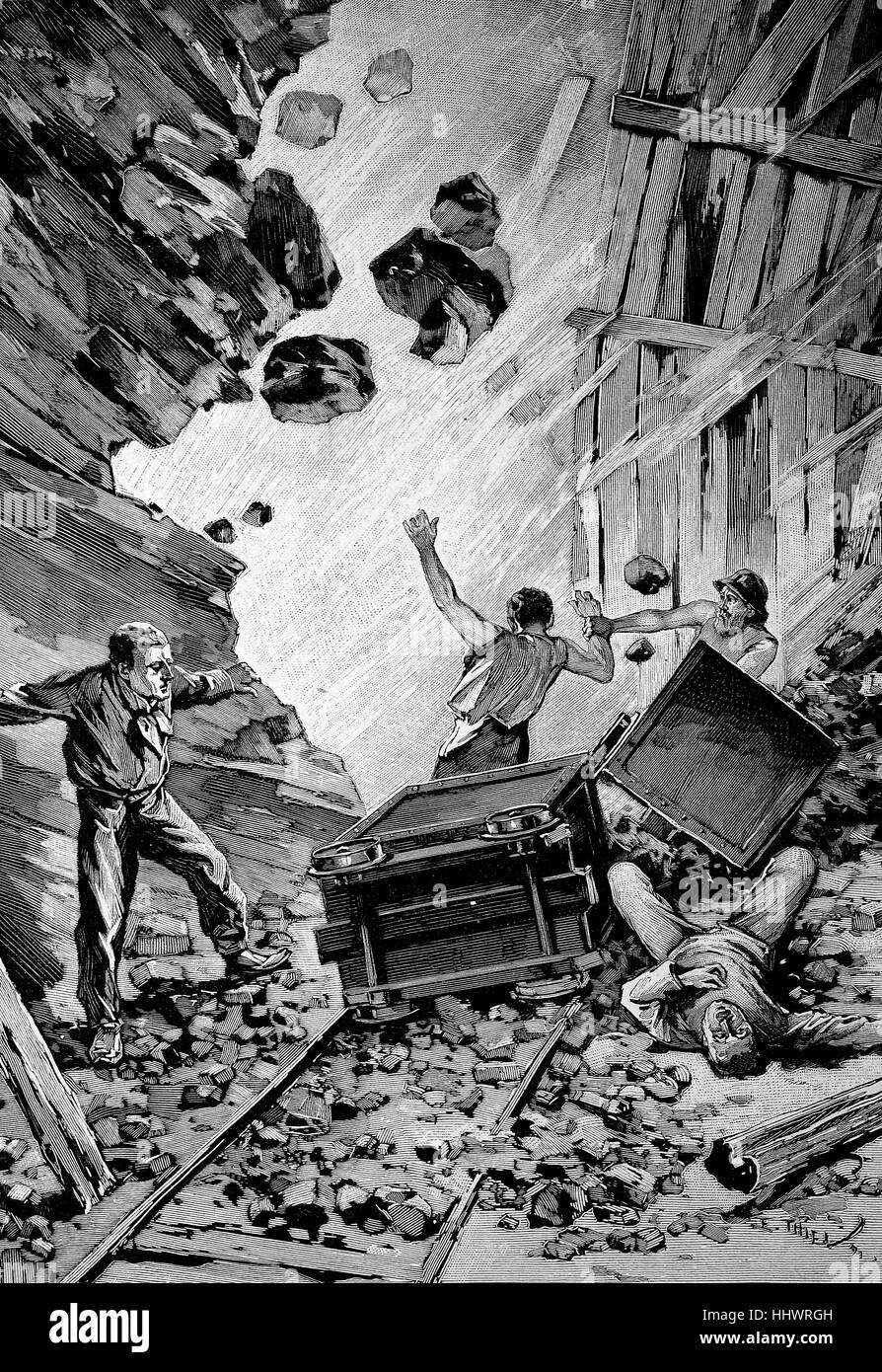 Un pitfall, minatori sono gravemente feriti o uccisi dalla caduta di massi, Germania, immagine storica o illustrazione, pubblicato 1890, digitale migliorata Foto Stock