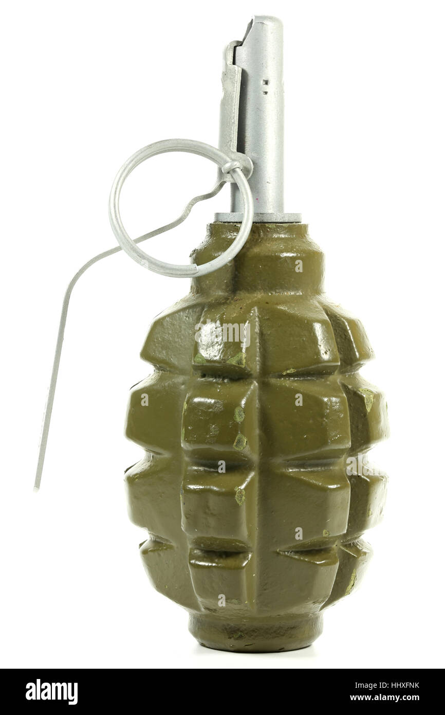 Hand Grenade isolati su sfondo bianco Foto Stock