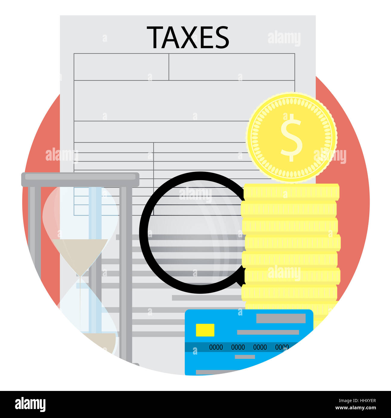 Icona di tassazione vettore. Forma fiscale e denaro golden monete e carta di credito illustrazione Foto Stock