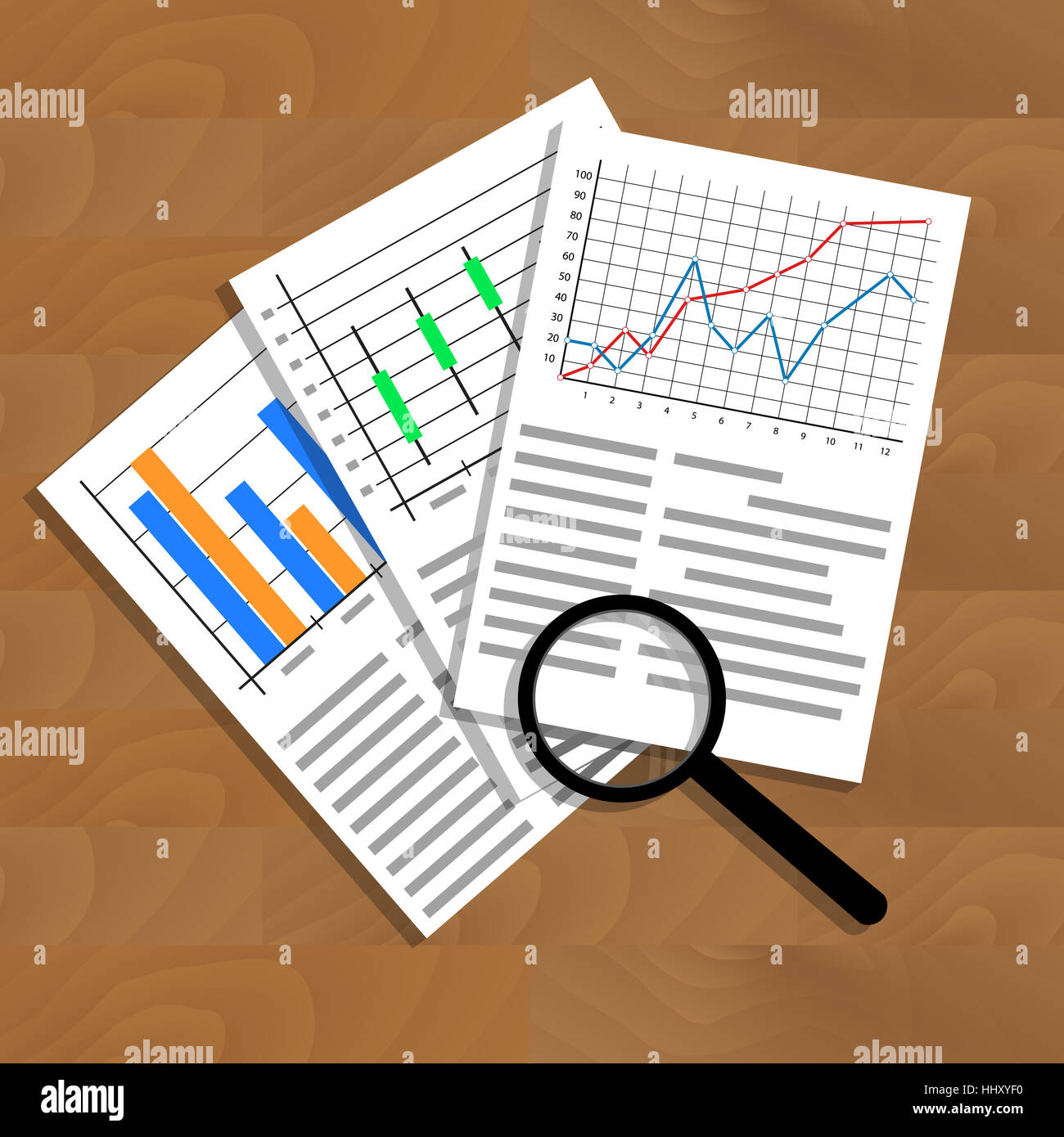 Analisi dei dati statistici. La ricerca di ottimizzazione ed infografico finanziario, business analytics illustrazione Foto Stock