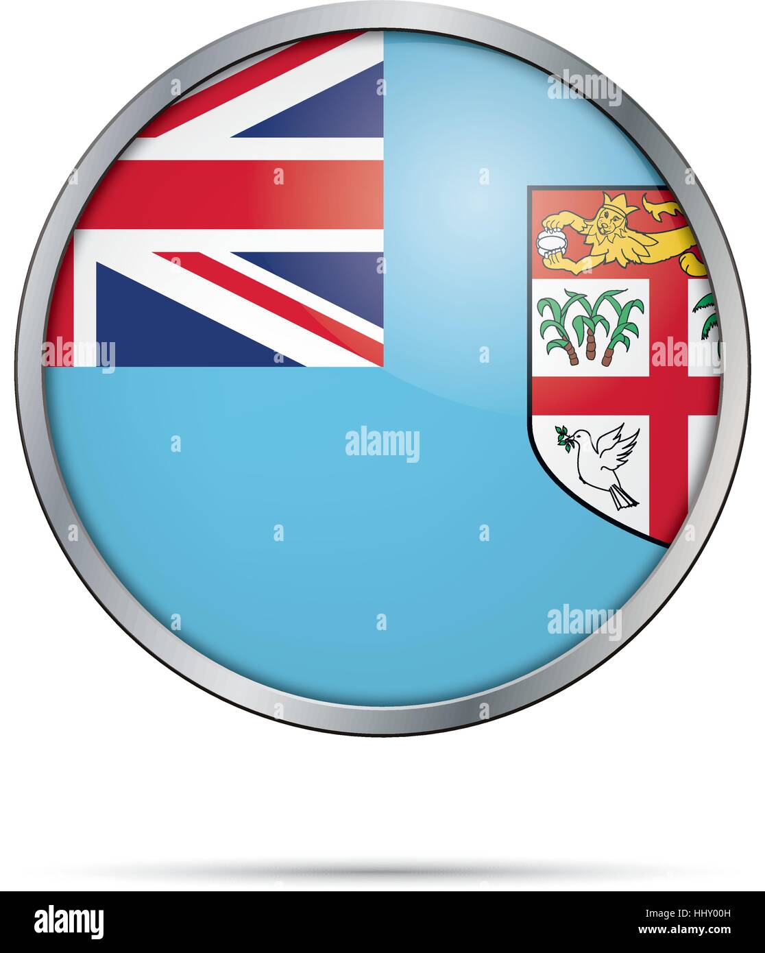 Vettore di bandiera Fijiano pulsante. Isole Fiji bandiera in vetro in stile di pulsante con telaio di metallo. Illustrazione Vettoriale