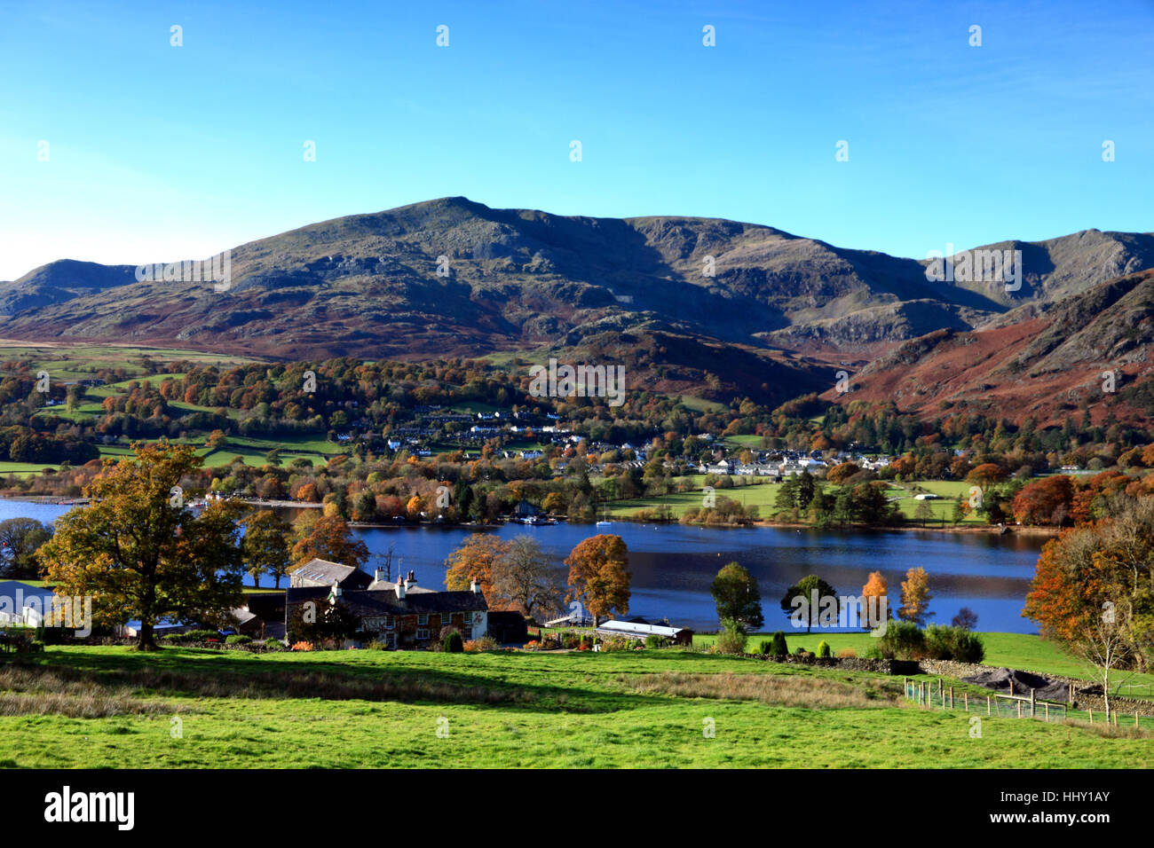 Coniston Water e il vecchio uomo, Cumbria. In primo piano è la Banca agricola di massa, Holly Howe in Arthur Ransome di rondini e amazzoni. L'autunno. Foto Stock