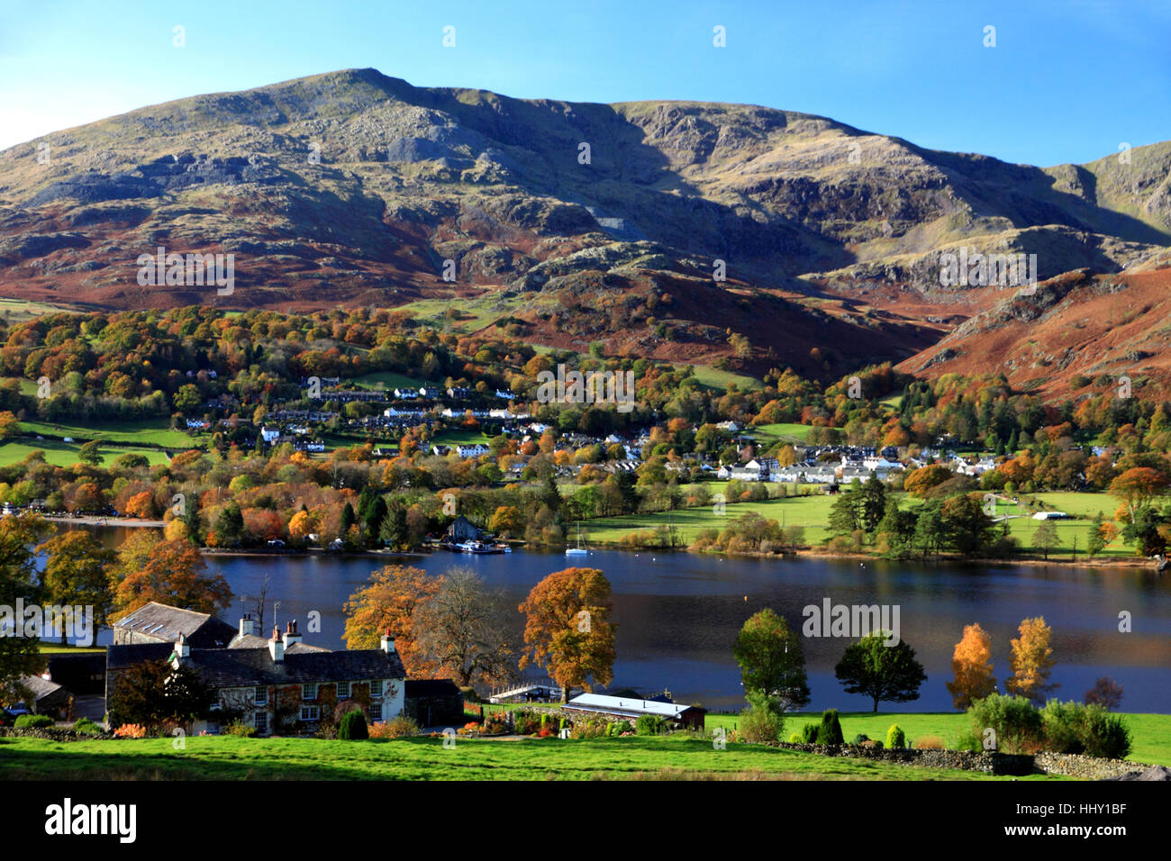 Coniston Water e il vecchio uomo, Cumbria. In primo piano è la Banca agricola di massa, Holly Howe in Arthur Ransome di rondini e amazzoni. L'autunno. Foto Stock