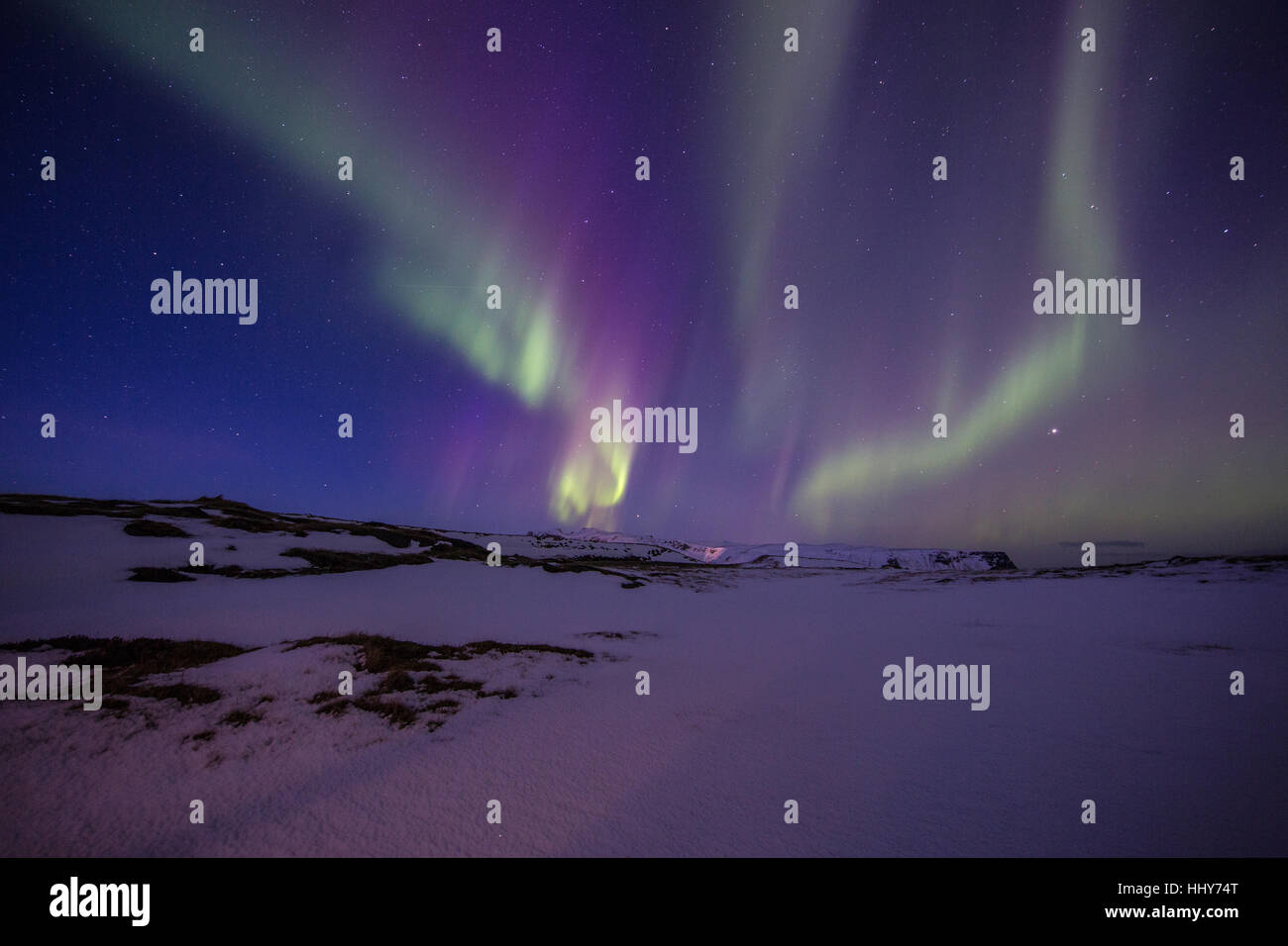 Luci del nord, aurora aurora boreale, esposizione di notte, il mare, il cielo, Islanda, nord, grande nord, inverno, neve, stelle, Cosmos, norw Foto Stock