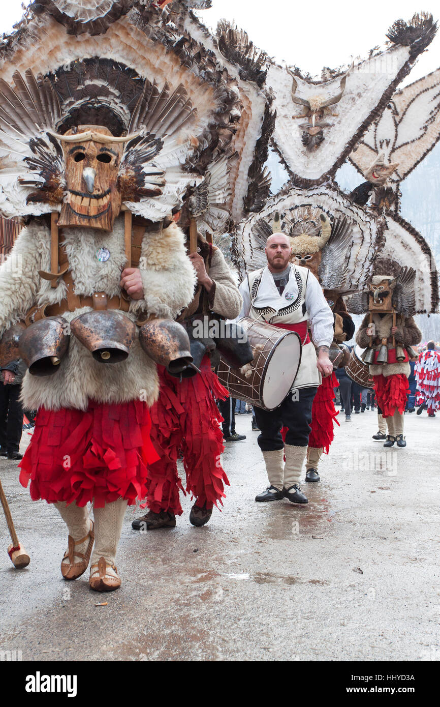 Breznik, Bulgaria - 21 Gennaio 2017: tradizionale costume Kukeri sono visti al Festival di the Masquerade Giochi Surova in Breznik, Bulgaria. Surova Foto Stock