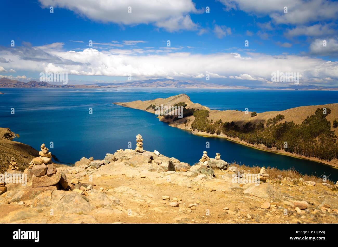 Penisola sull'isola del sole sul lago Titicaca in Bolivia Foto Stock