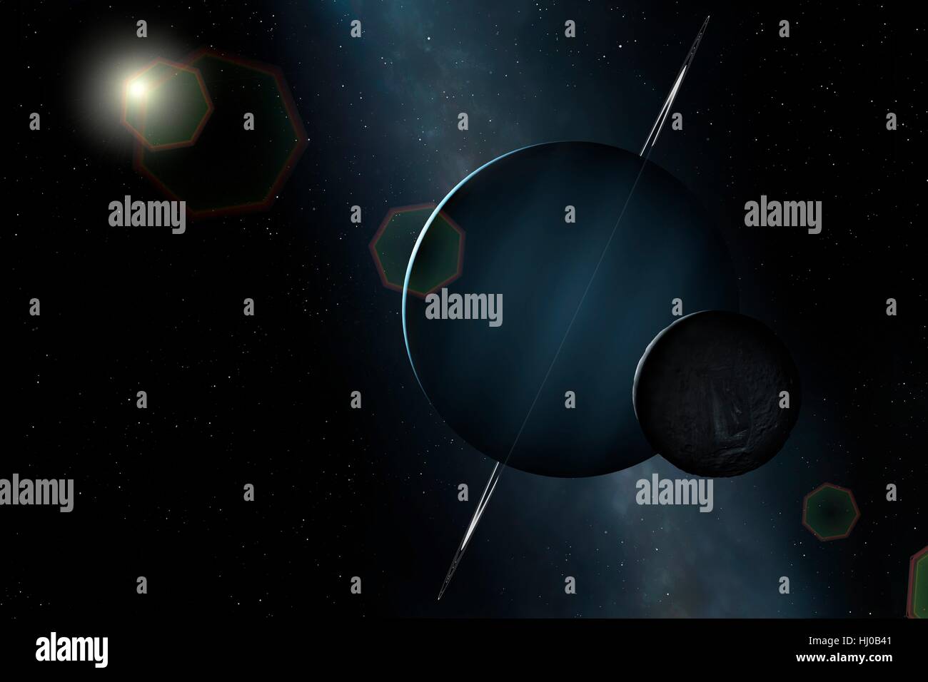 Un impressione di verde gigante di ghiaccio pianeta Urano e la sua più intima luna sostanziale, la frattura Miranda. Urano è il settimo pianeta in ordine di distanza dal sole, in orbita ad una distanza media di 2,85 miliardi di km. È insolito in quanto ha molto pallido, quasi monotona atmosfera ed una inclinazione assiale vicino a 100 gradi. Miranda ha superficie dispari, tra cui la più alta scogliera nel noto sistema solare suggerisce che il mondo è stato rotto in una collisione e in seguito rimontati. Foto Stock