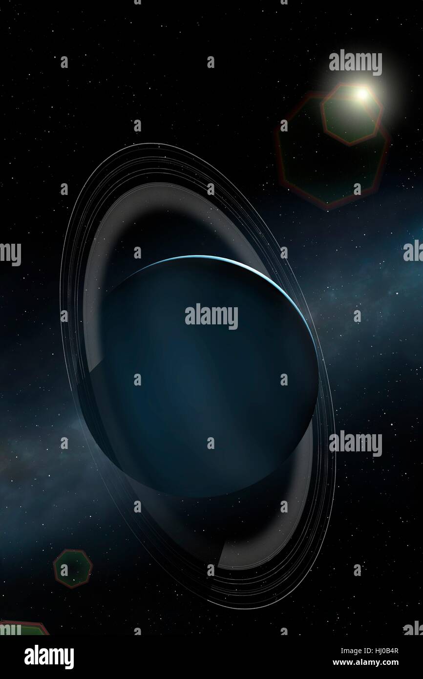 Un impressione di verde gigante di ghiaccio pianeta Urano. Urano è il settimo pianeta in ordine di distanza dal sole, in orbita ad una distanza media di 2,85 miliardi di km. È insolito in quanto ha molto pallido, quasi monotona atmosfera ed una inclinazione assiale vicino a 100 gradi. Foto Stock