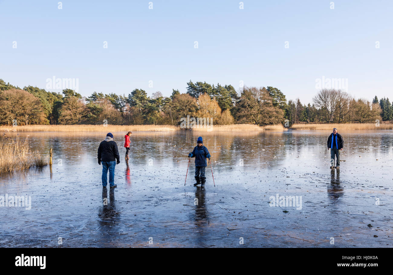 Frensham Laghetto, Farnham, Surrey, Regno Unito. Il 21 gennaio 2017. La gente a piedi sul lago ghiacciato su un eccezionalmente fredda ma luminosa e soleggiata giornata di gennaio. Credito: Graham Prentice/Alamy Live News Foto Stock