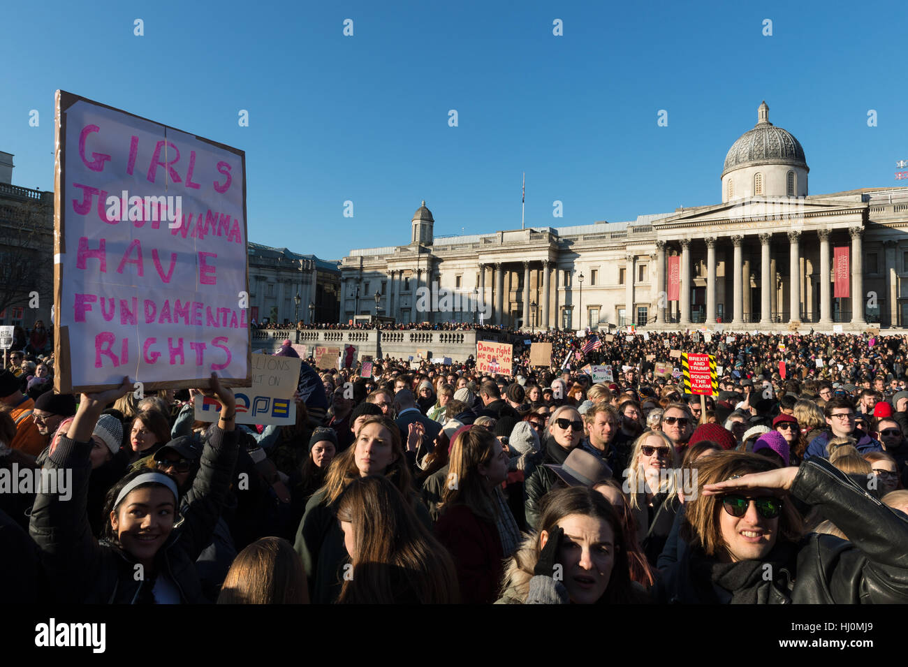 Londra, Regno Unito. Il 21 gennaio 2017. Circa 100.000 persone hanno partecipato a "Donne di marzo su Londra" come parte di una giornata di azione globale sul primo giorno di Donald Trump assumerà la presidenza. I partecipanti hanno marciato dalla posizione dell'Ambasciata americana in Grosvenor Square a Trafalgar Square nel corso di una protesta contro la "politica della paura" nonché di difendere i diritti umani per tutti e a promuovere le libertà civili. Wiktor Szymanowicz/Alamy Live News Foto Stock