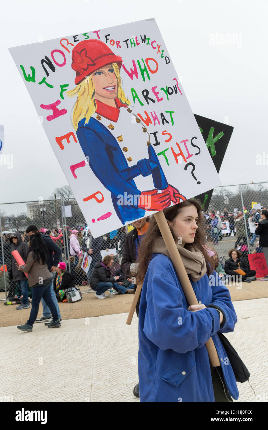 Washington, Stati Uniti d'America. Xxi gen, 2017.un dimostratore porta un segno diretto a Kellyanne Conway durante la donna marzo su Washington in segno di protesta al presidente Donald Trump in Washington, DC. Più di 500.000 persone stipate National Mall in una pacifica e il festival di rally in un rimprovero del nuovo presidente. Credito: Planetpix/Alamy Live News Foto Stock