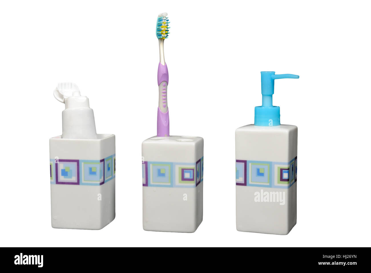 Gruppo di articoli da toilette isolati su sfondo bianco Foto Stock