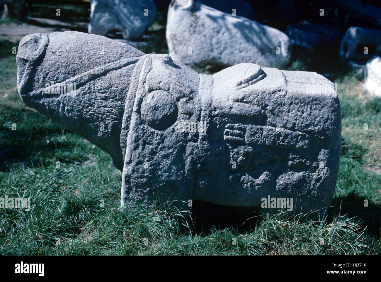 Scolpiti nella pietra, Cavallo con sella intagliato, staffe e cablaggio, un Urartian scultura funeraria dall'età del ferro Urarta civiltà (C8th-c6thBC), attorno a Van Turchia Foto Stock
