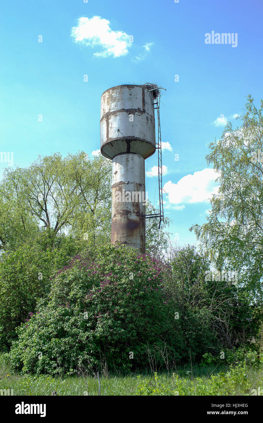 Acciaio vecchia torre di acqua da alberi verdi Foto Stock