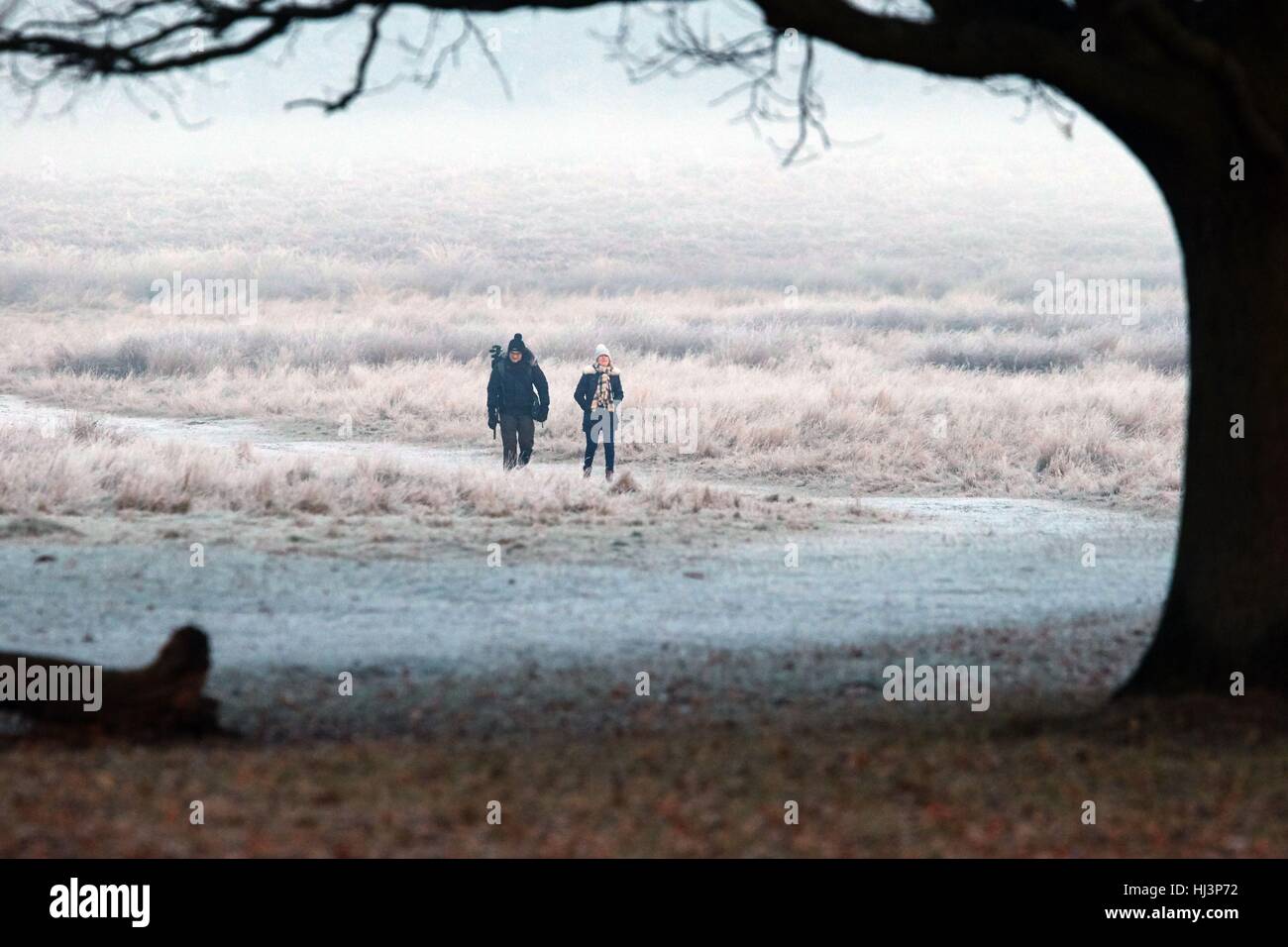 Walkers a Richmond Park, a sud ovest di Londra, come alcune aree rurali sono attesi per vedere i minimi di meno 7C (19.4F) come il clima invernale continua, secondo forecasters. Foto Stock