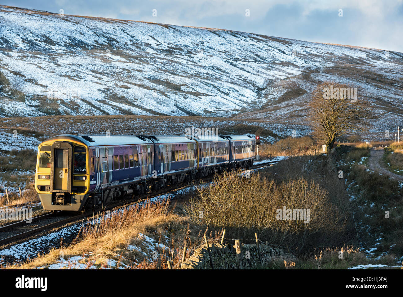 Settle, Regno Unito - 10 novembre 2016. Servizio in nord treno passa attraverso il piccolo Dale valle avvicinando viadotto Ribblehead. Foto Stock