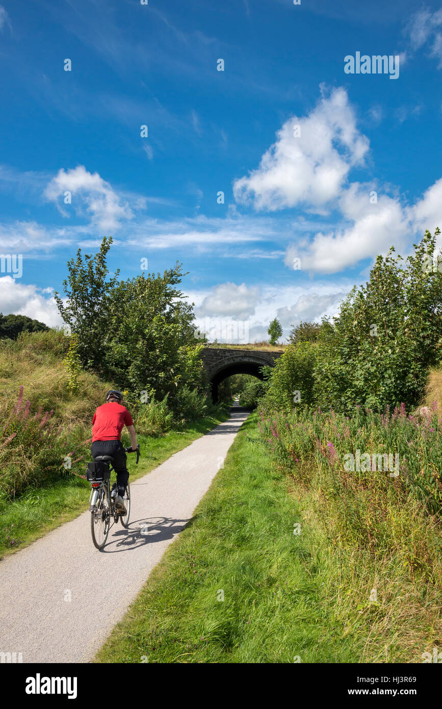 Ciclista sulla Tissington Trail su un bel giorno di estate vicino Parwich nel Peak District, Derbyshire, in Inghilterra. Foto Stock
