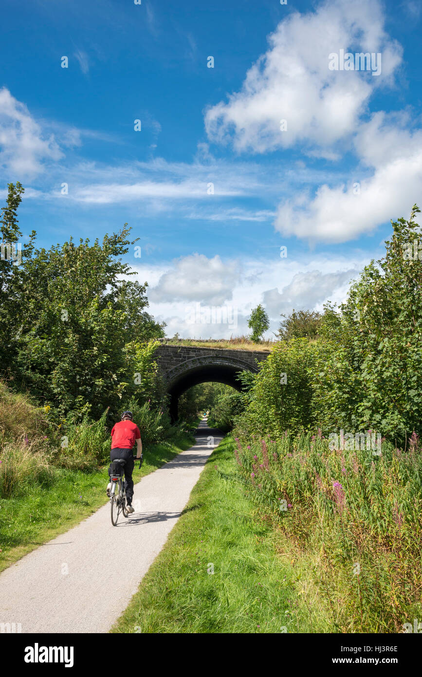 Ciclista sulla Tissington Trail su un bel giorno di estate vicino Parwich nel Peak District, Derbyshire, in Inghilterra. Foto Stock