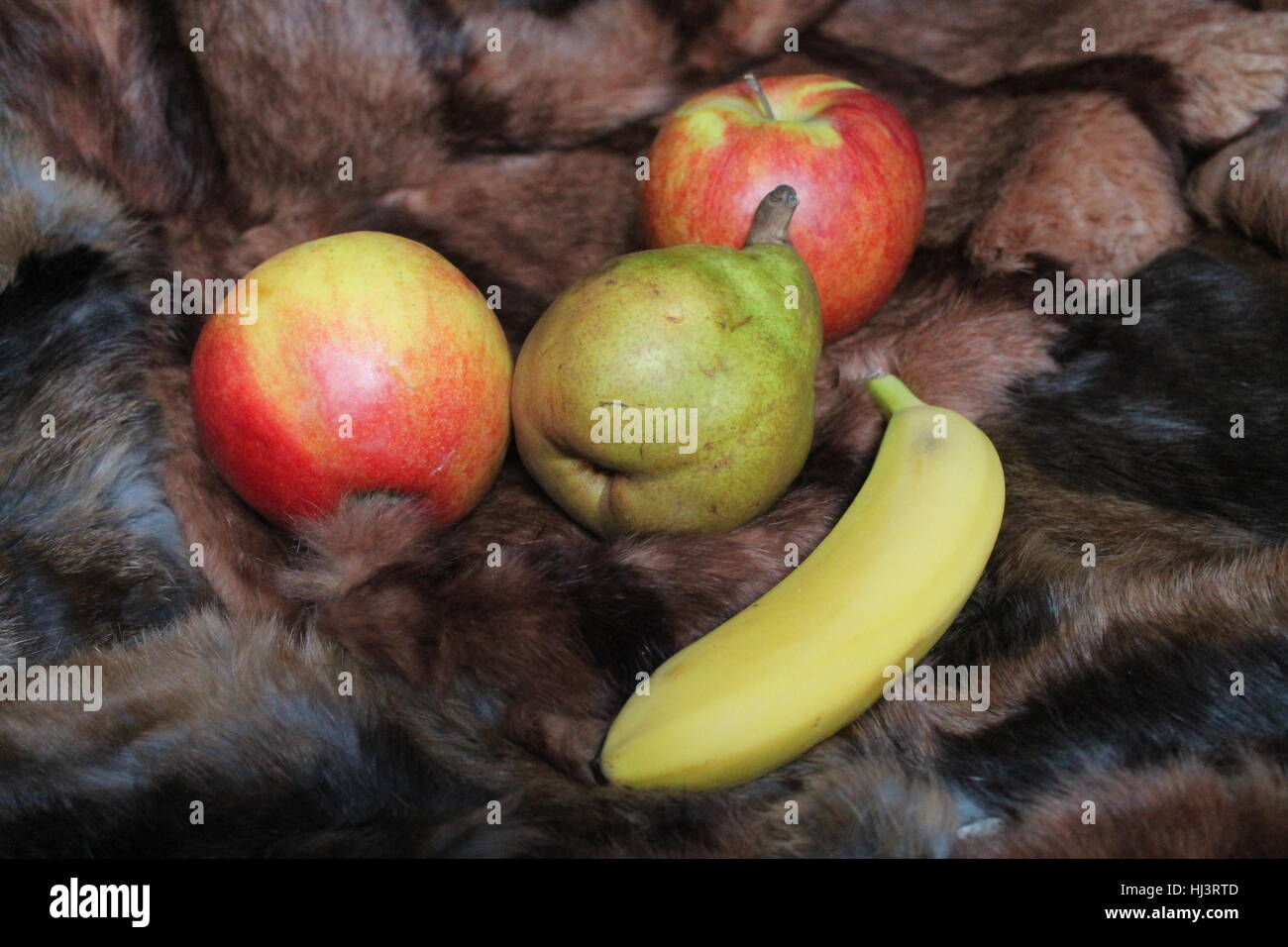 Appetitosi frutti colorati due grandi mele, verde pera e banana stretto laici sulle pellicce Foto Stock