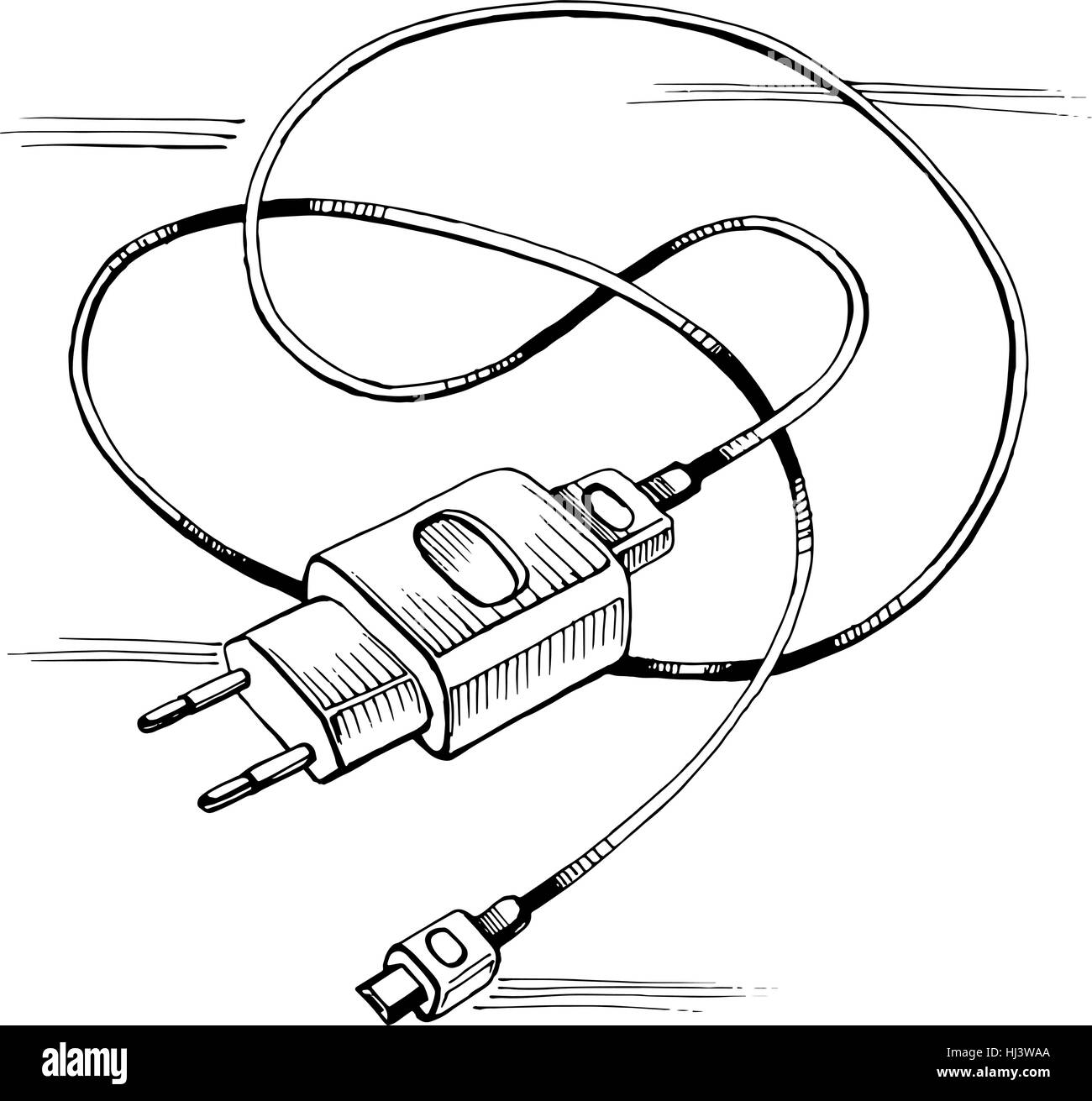 Disegno vettoriale caricabatterie USB cavo del dispositivo Illustrazione Vettoriale