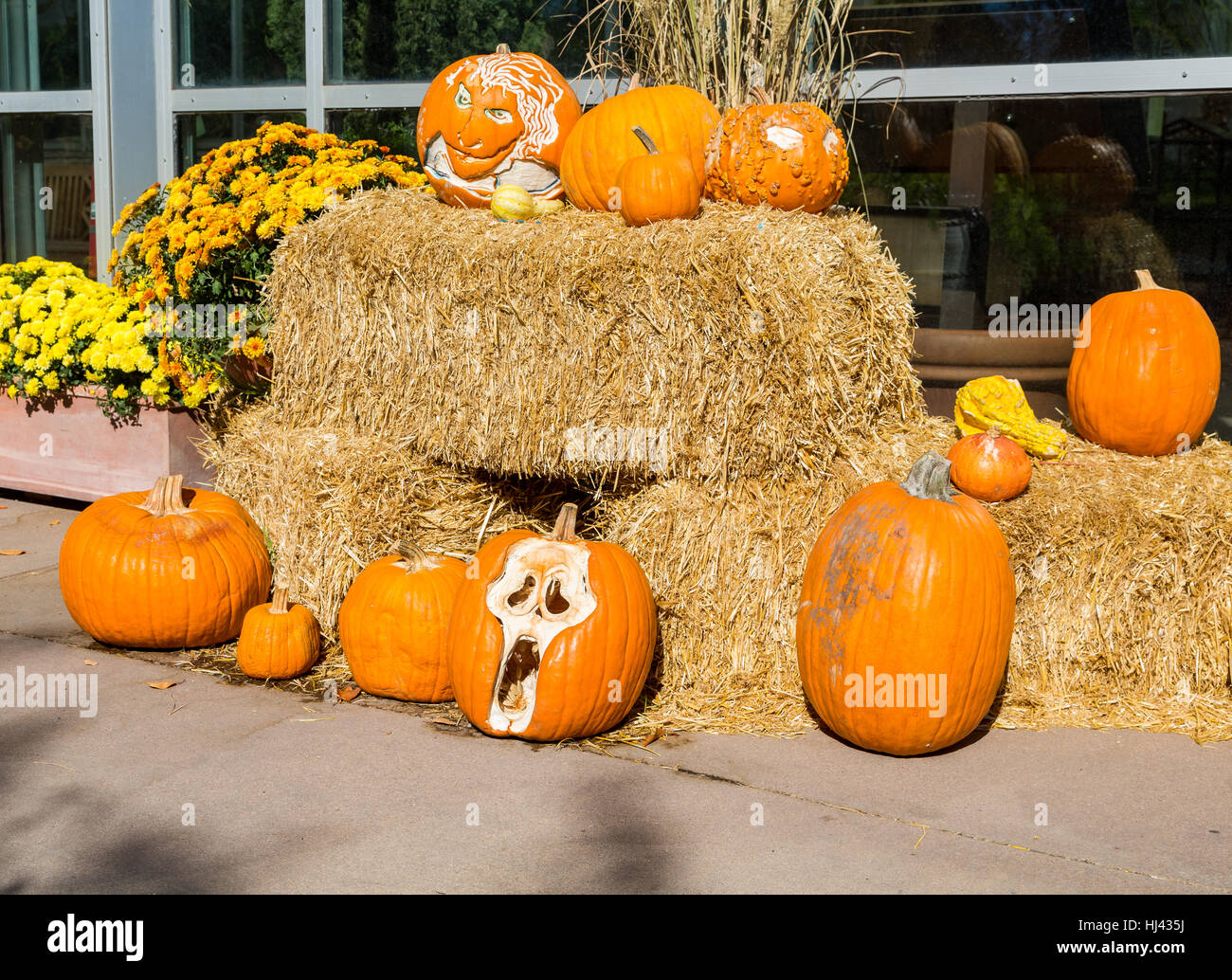 Decorazioni di Halloween in un giardino di autunno Foto Stock