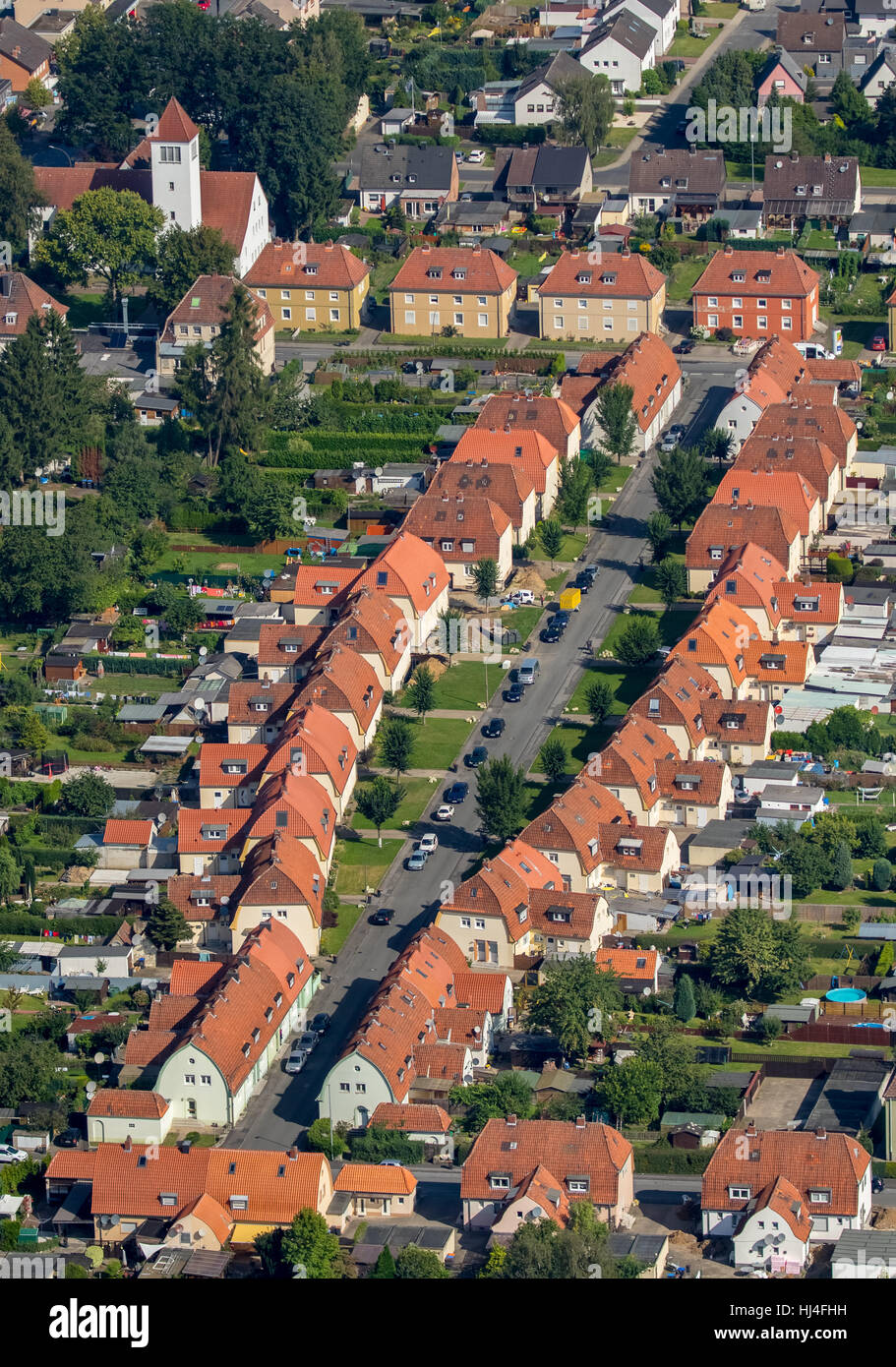 Ahlen Ulmenhof, miniera dei lavoratori per insediamento miniera Westfalen, insediamento dei minatori, colliery case, struttura di un villaggio verde Foto Stock