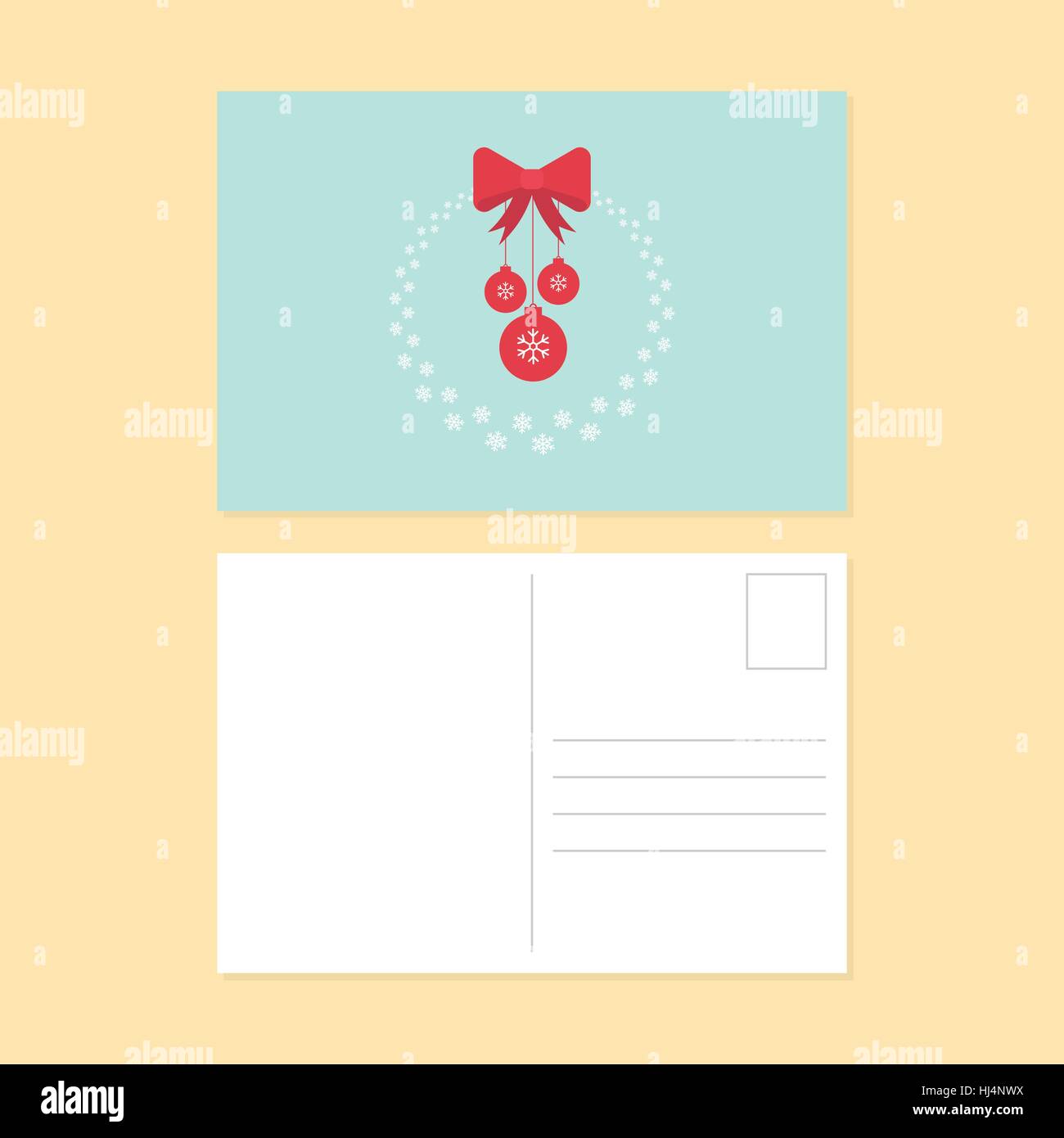 Buon Natale e felice anno nuovo cartolina design piatto, neve corona con un nastro rosso e le sfere illustrazione vettoriale Illustrazione Vettoriale