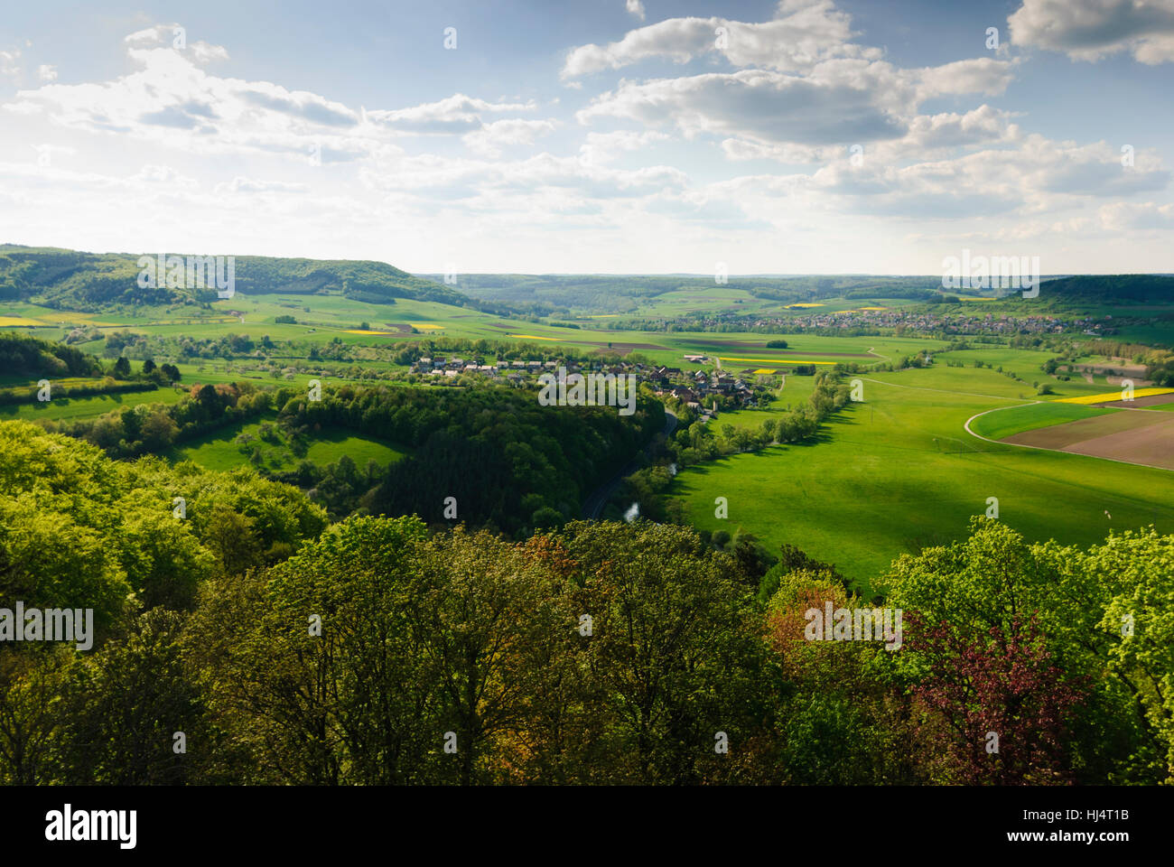 A Hammelburg: vista sulla valle della Franconia Saale, Unterfranken, bassa Franconia, Baviera, Baviera, Germania Foto Stock