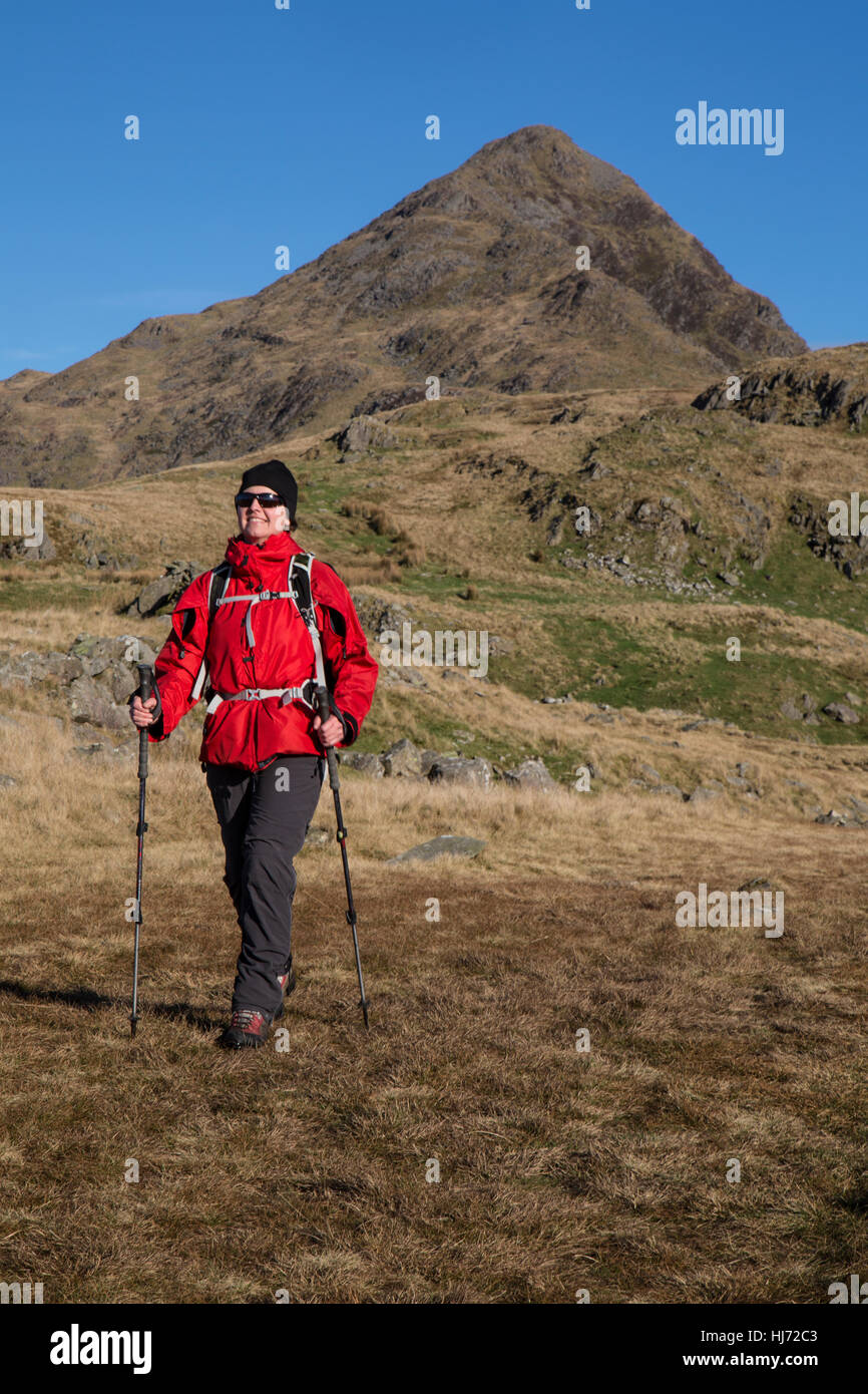 Il camminatore femmina nel parco nazionale di Snowdonia nel Galles del Nord, con Cnicht dietro. Foto Stock