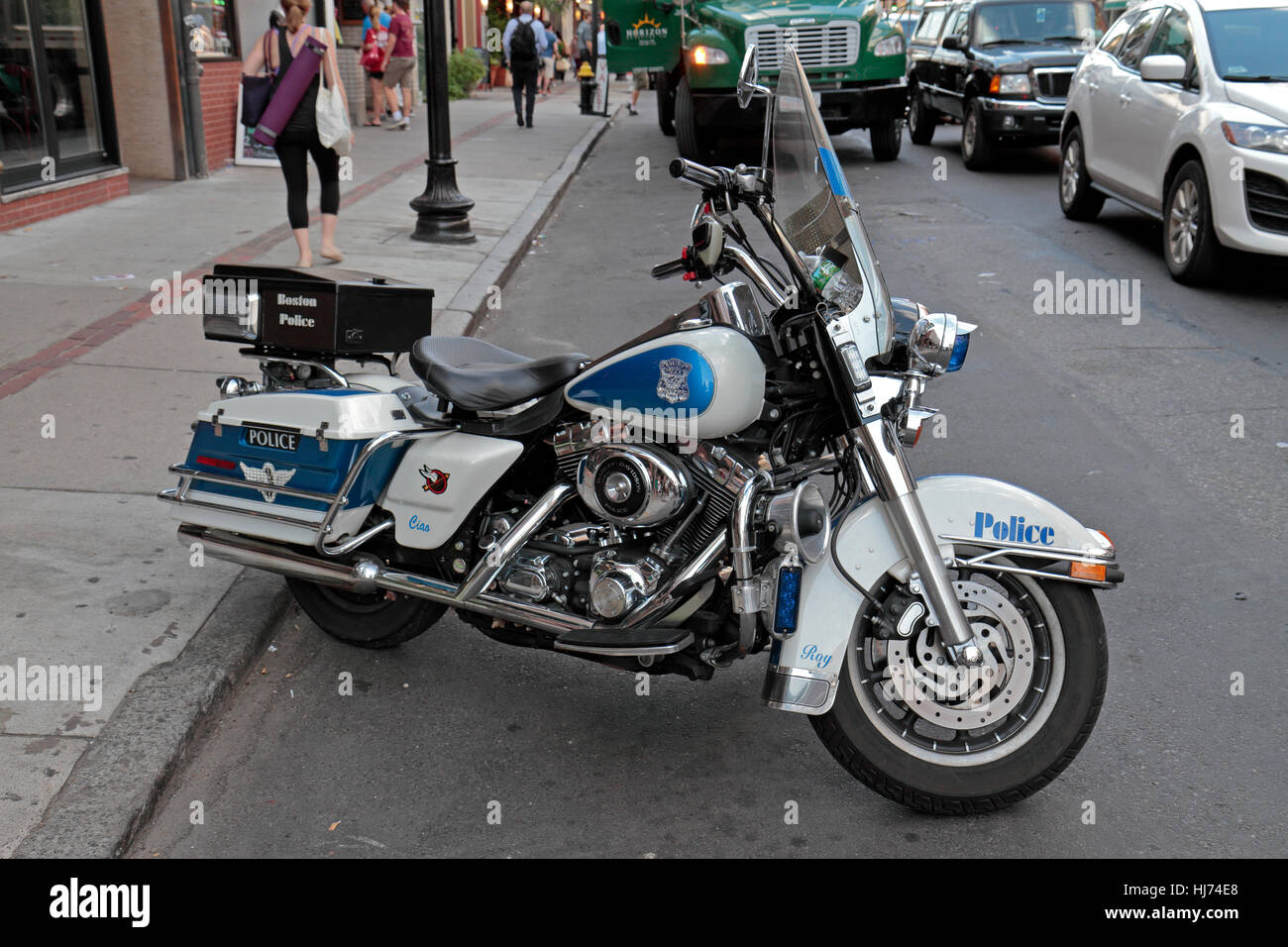 Una Polizia di Boston Harley Davidson Moto parcheggiate nel North End di Boston, Massachusetts, Stati Uniti. Foto Stock