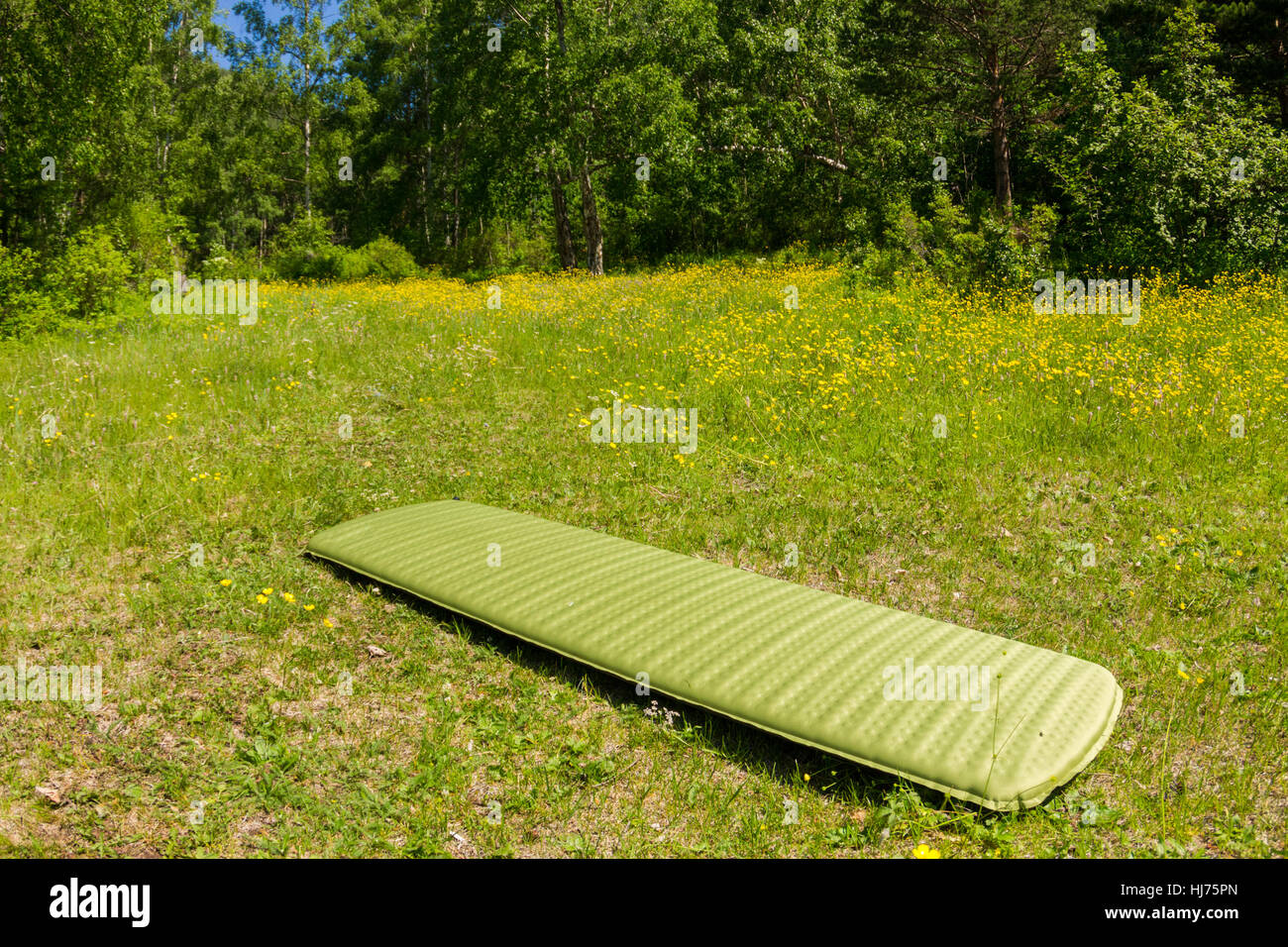 Verde campeggio gonfiabile materasso sull'erba verde. Foto Stock