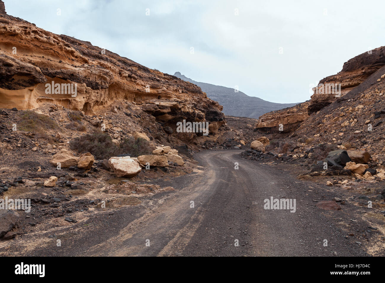 Strada in un canyon di Fuerteventura, Isole Canarie, Spagna Foto Stock