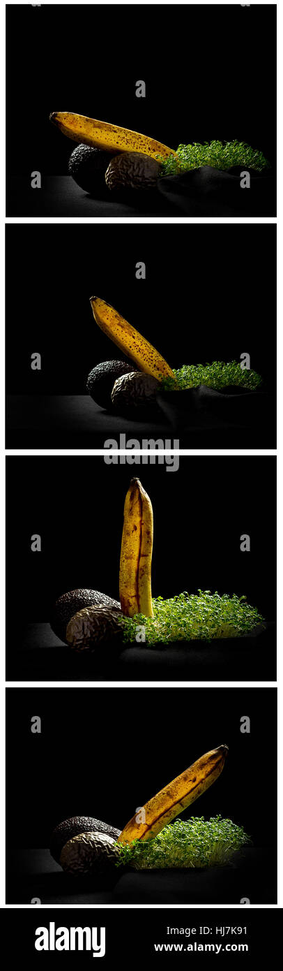 Frutti stramature, banana, avocado e maracuja, potenzkonzept collage Foto Stock