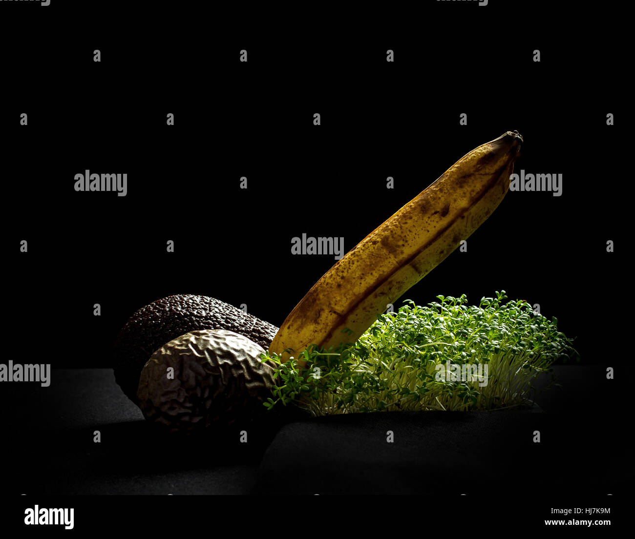 Frutti stramature, banana, avocado e maracuja, potenzkonzept Foto Stock