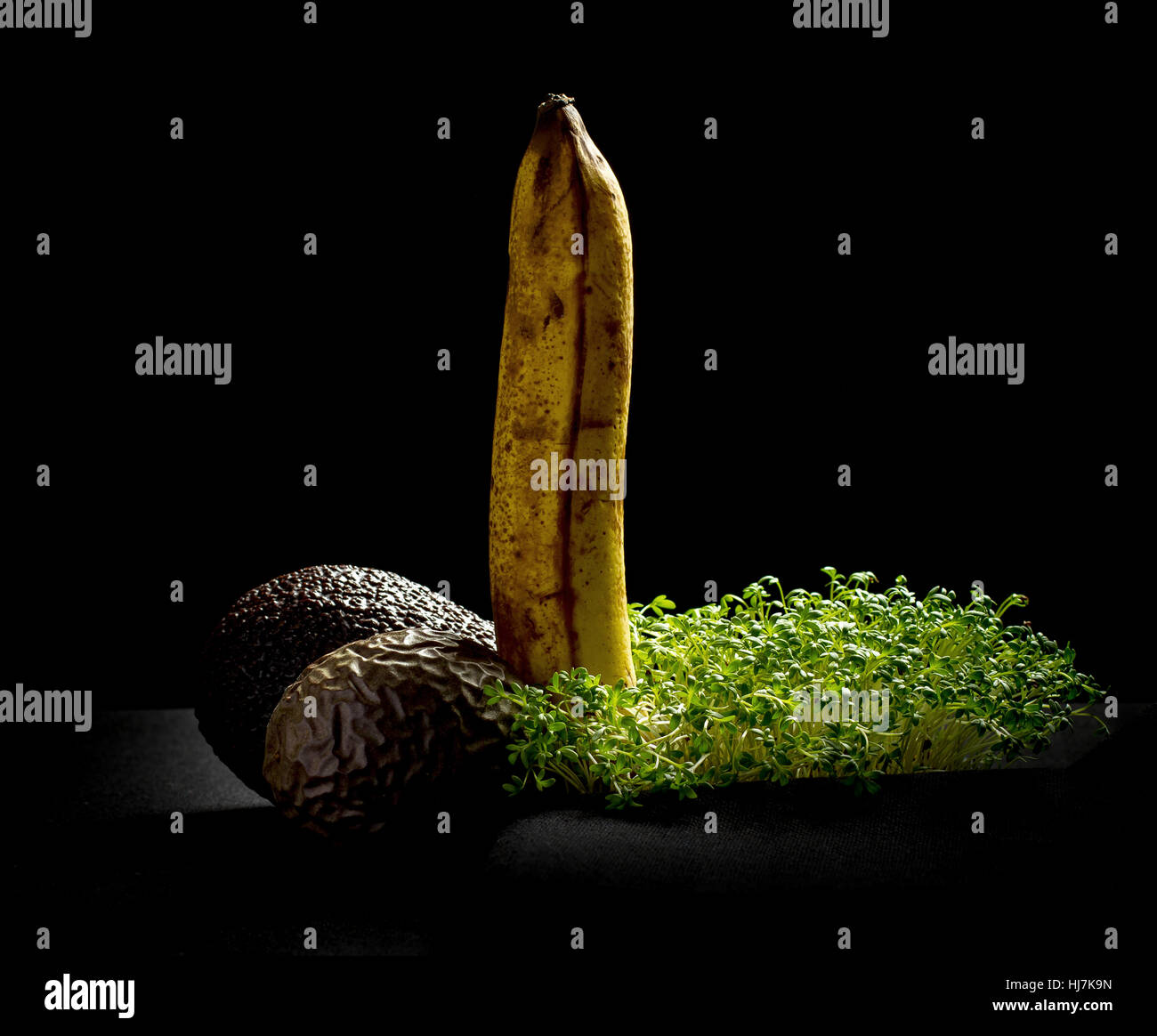 Frutti stramature, banana, avocado e maracuja, potenzkonzept Foto Stock