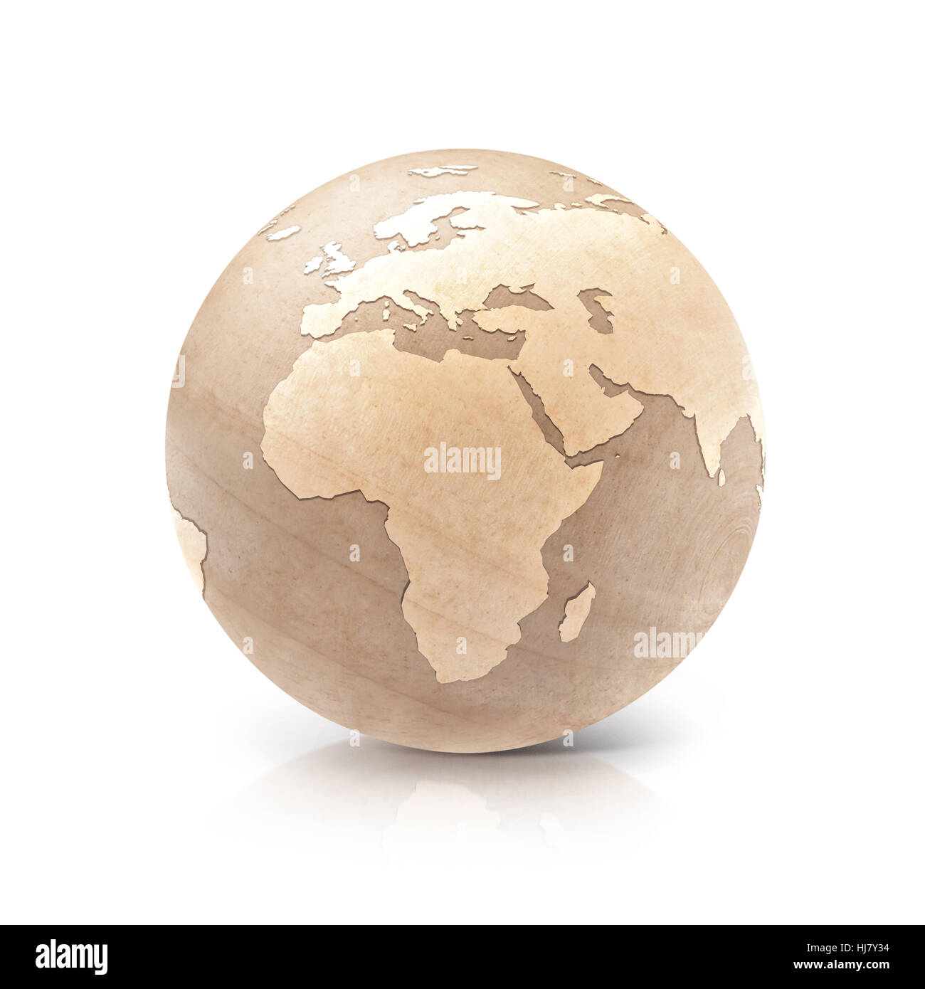 Globo di legno 3D illustrazione l Europa e l Africa mappa su sfondo bianco Foto Stock