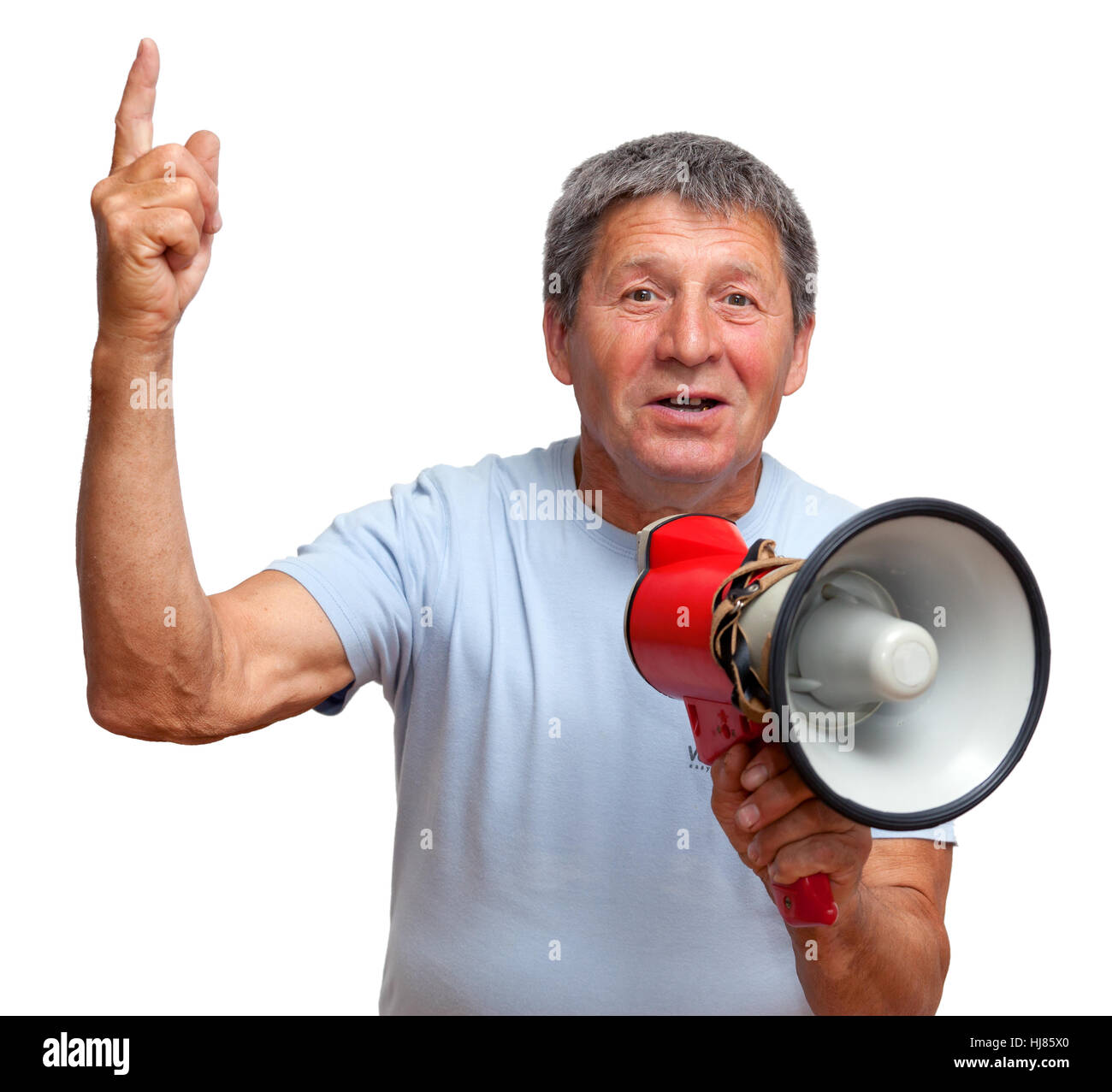 Uomo con megafono dicendo qualcosa di importante. Isolato su bianco Foto Stock