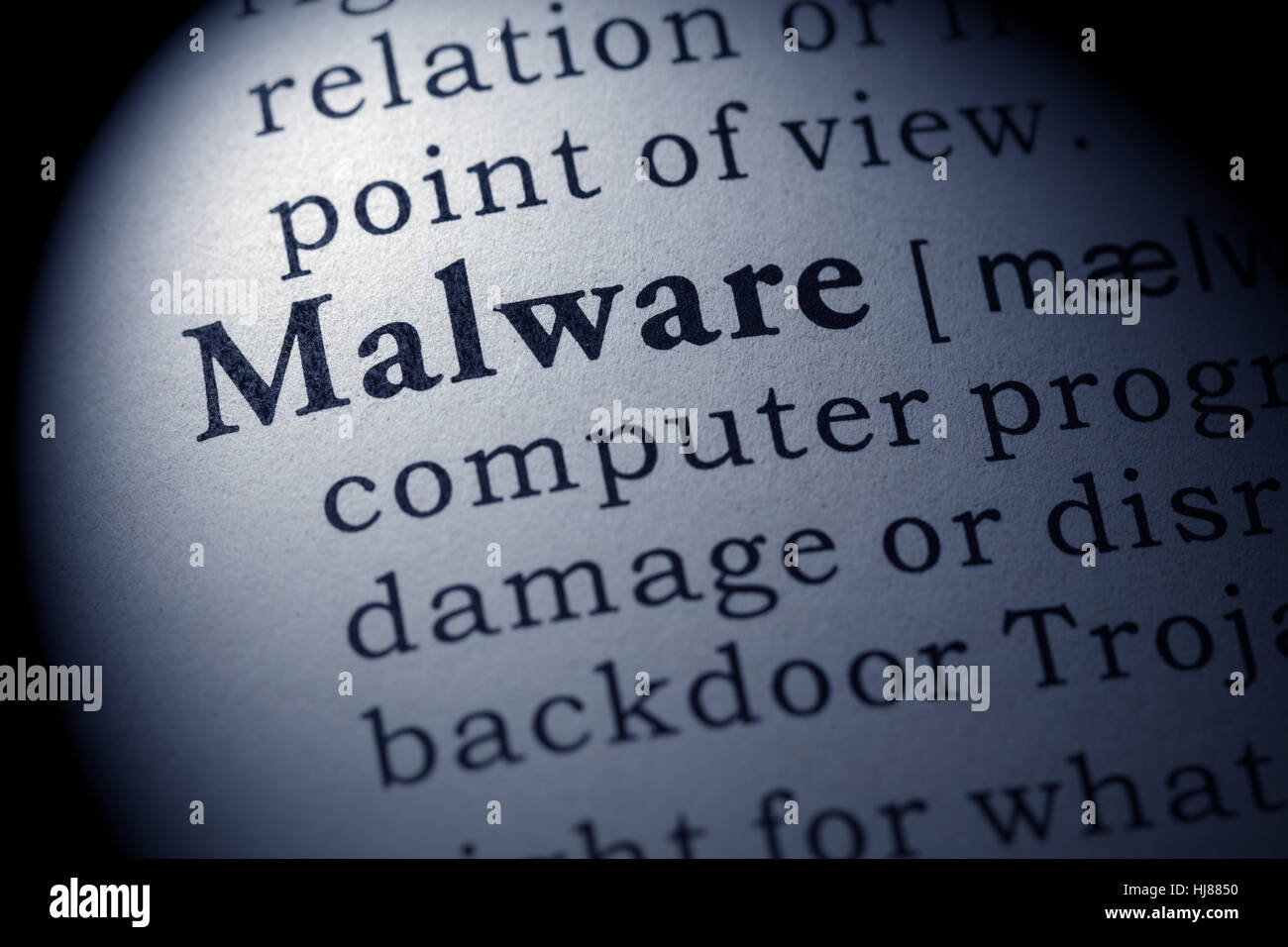 Fake Dizionario, definizione del dizionario della parola Malware. comprendente i principali parole descrittive. Foto Stock