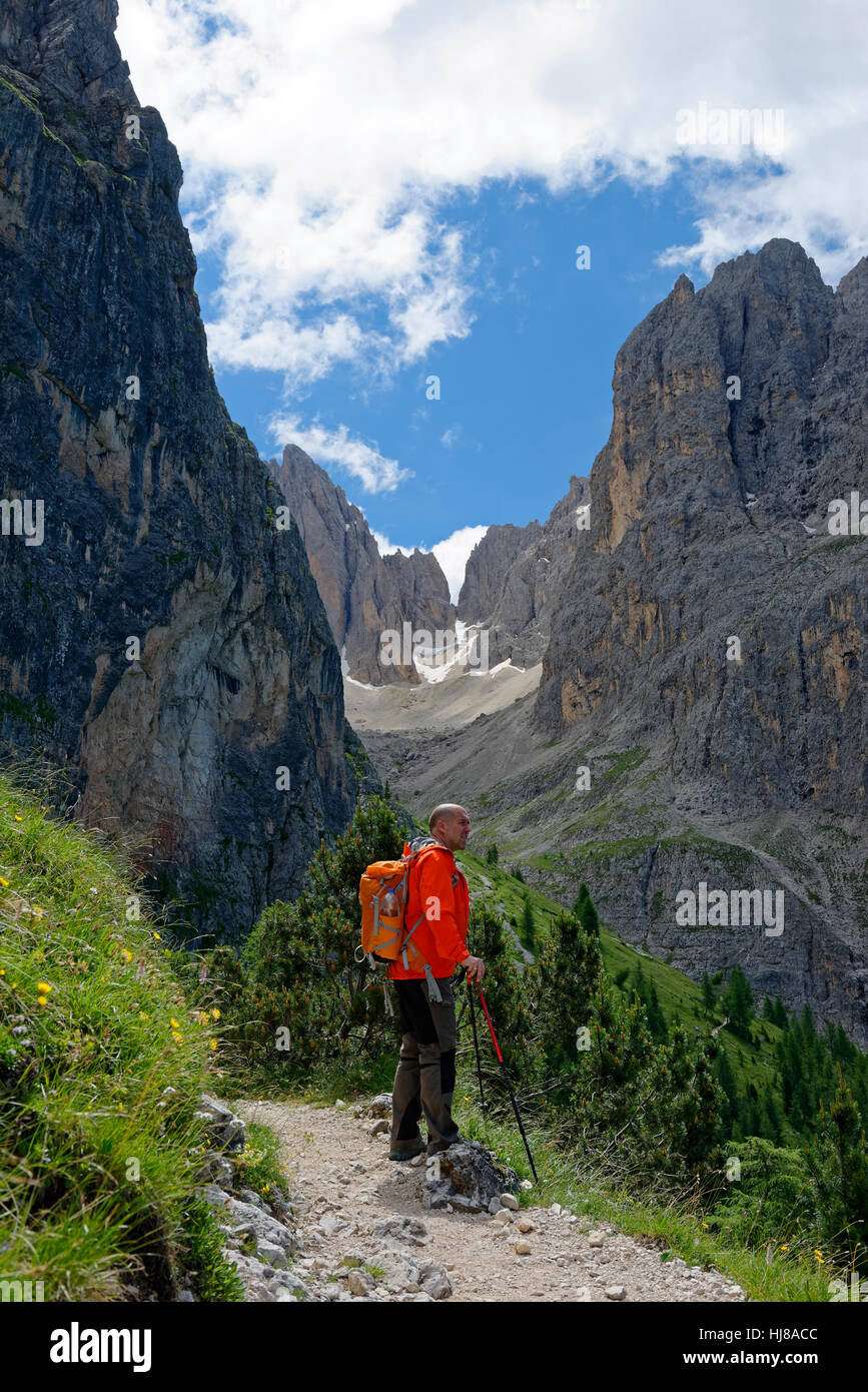 Escursionista, tour di montagna, via intorno al Sassolungo, Dolomiti, Provincia del Sud Tirolo, Italia Foto Stock